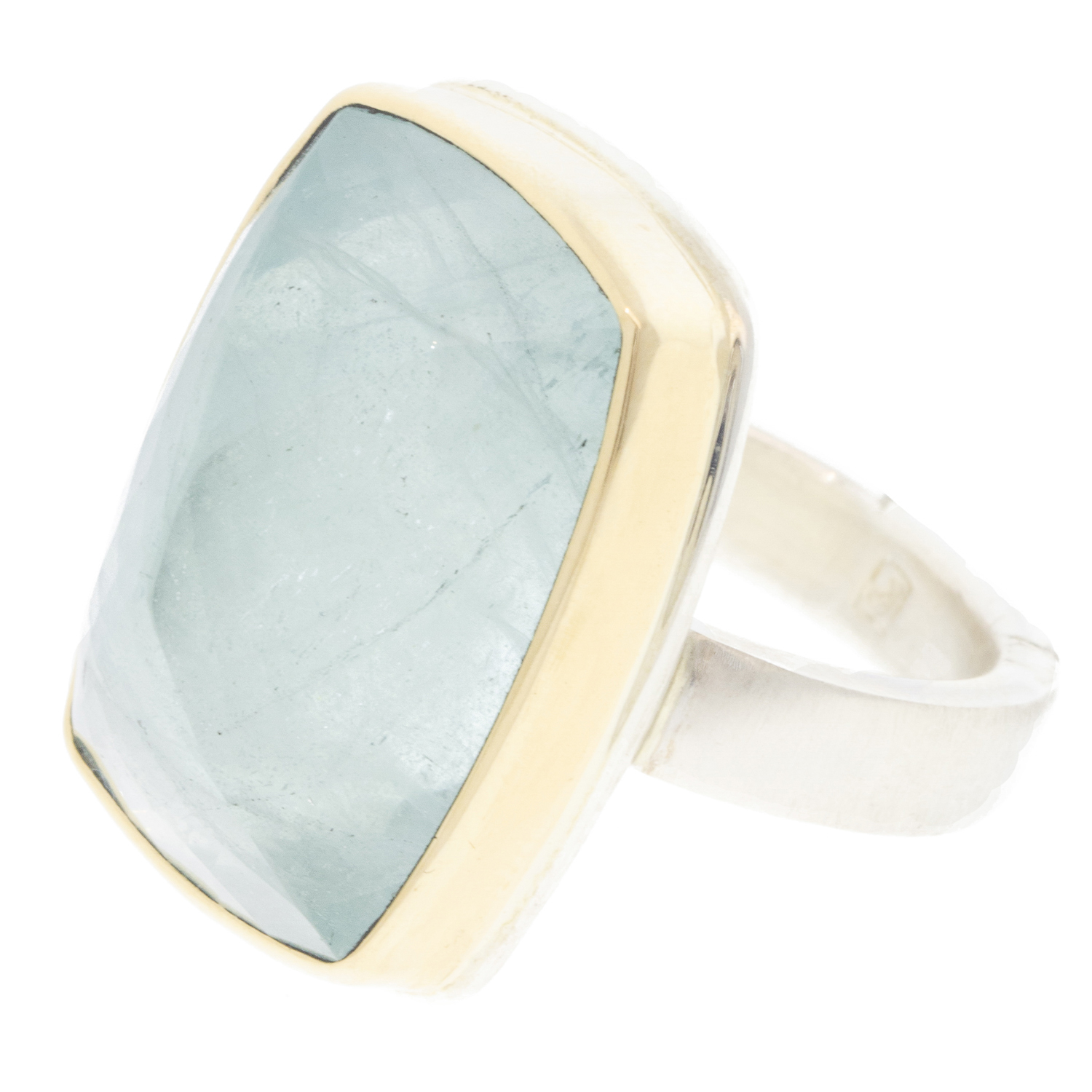 Jamie Joseph: AQUAMARINE Sterling & 14K Gold Ring w/ Vertical Rectangular Inverted on Y Band, size 8 13/16" x 9/16