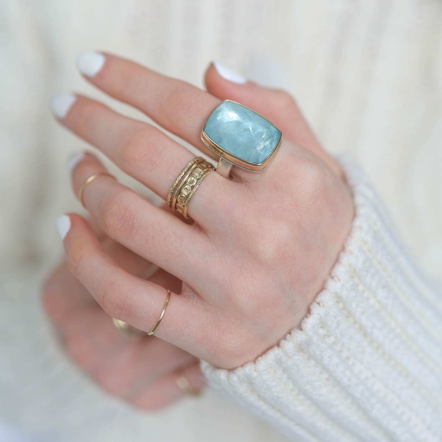 Jamie Joseph: AQUAMARINE Sterling & 14K Gold Ring w/ Vertical Rectangular Inverted on Y Band, size 8 13/16" x 9/16