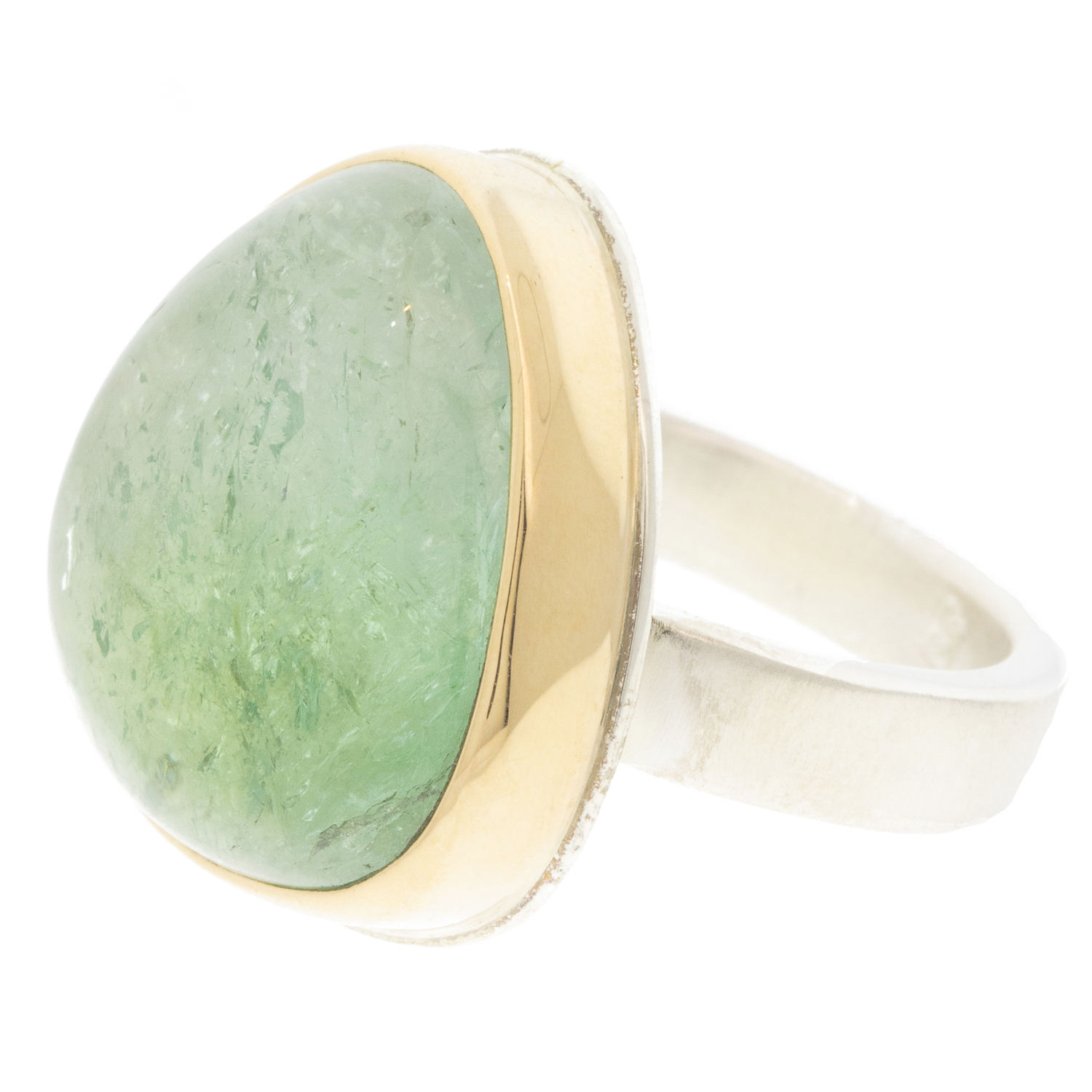 Jamie Joseph: GREEN TOURMALINE Sterling & 14K Gold Ring on Y Band size 8 3/4" x 3/4"