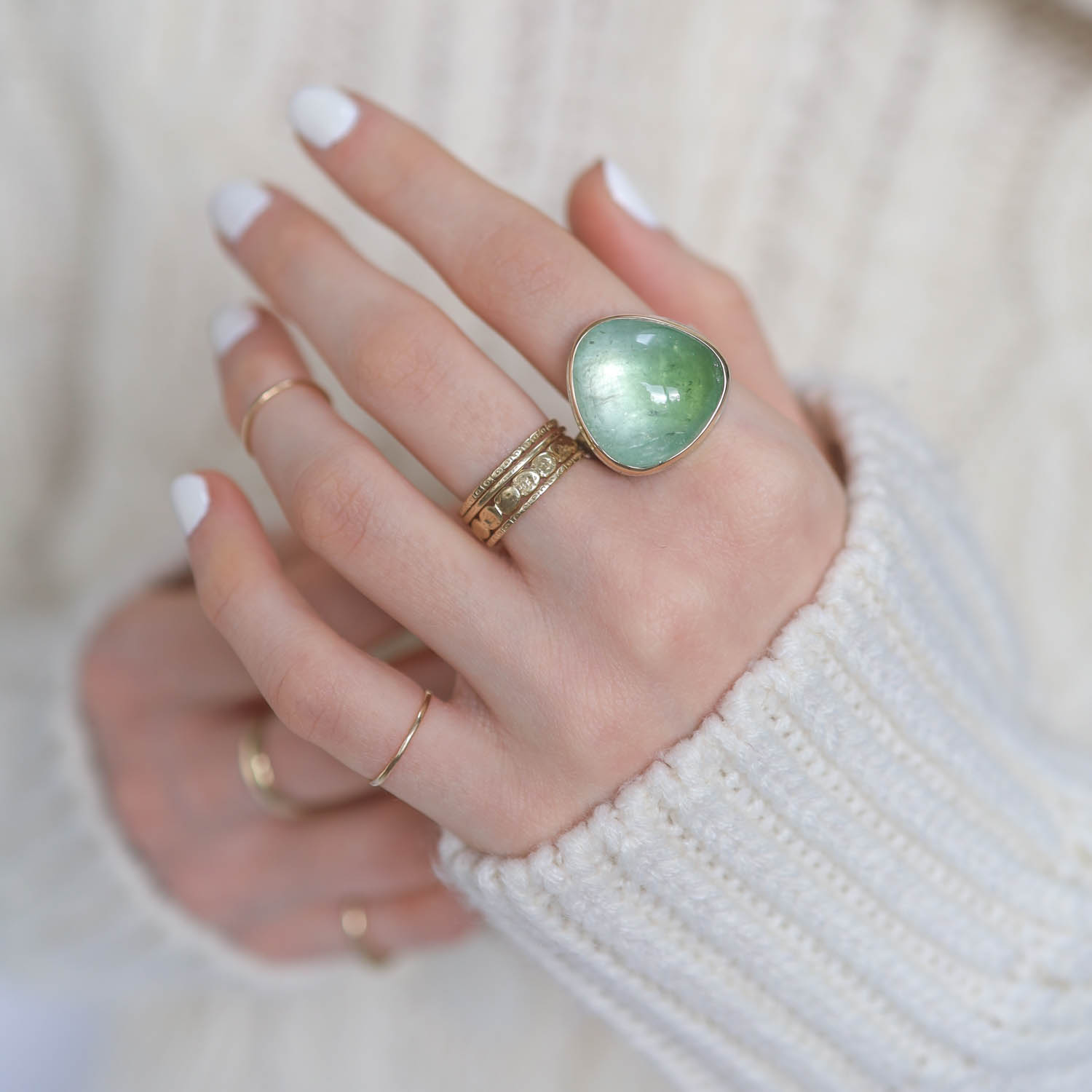 Jamie Joseph: GREEN TOURMALINE Sterling & 14K Gold Ring on Y Band size 8 3/4" x 3/4"