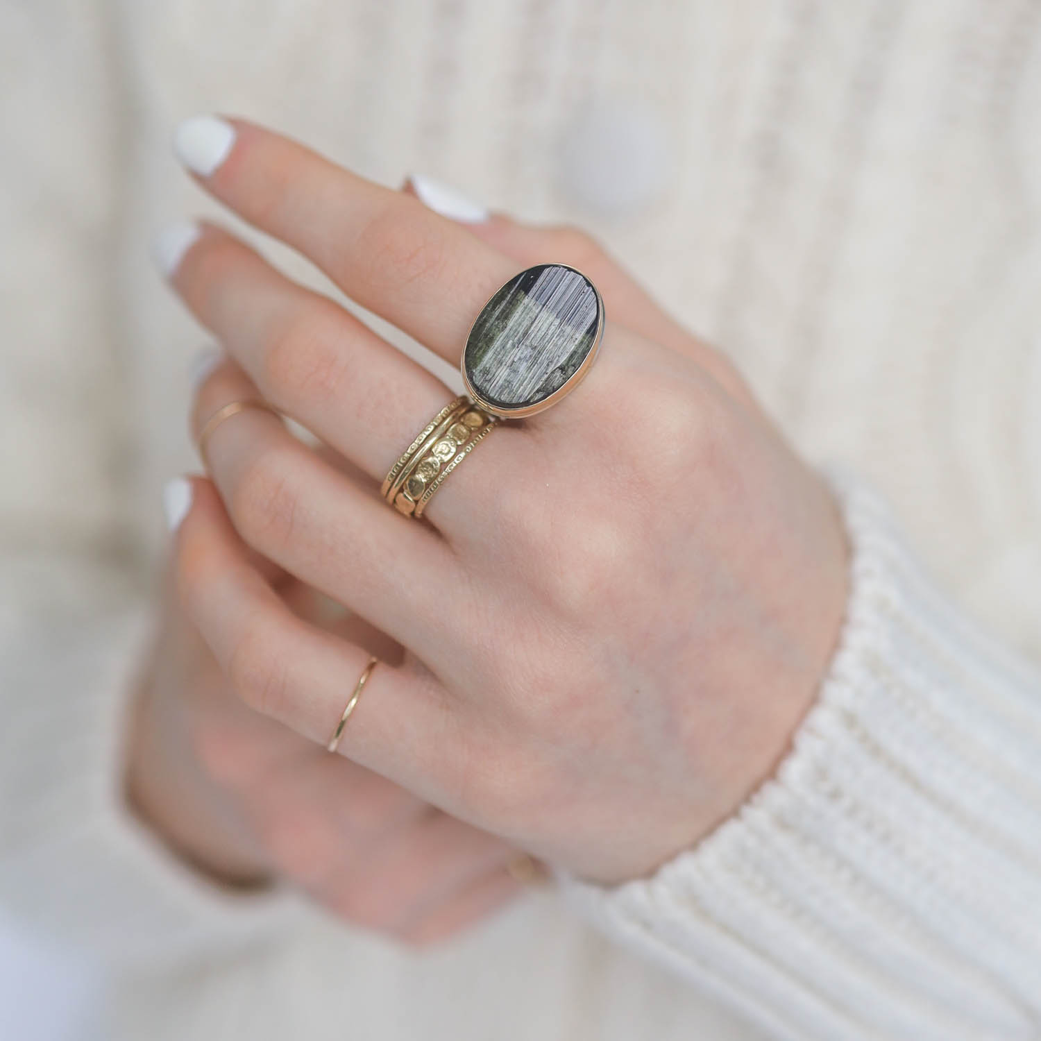 Jamie Joseph: Sterling & 14K Gold Ring w/ Oval Surface Cut GREENTOURMALINE on Y Band, size 7.5 9/16" x 13/16"