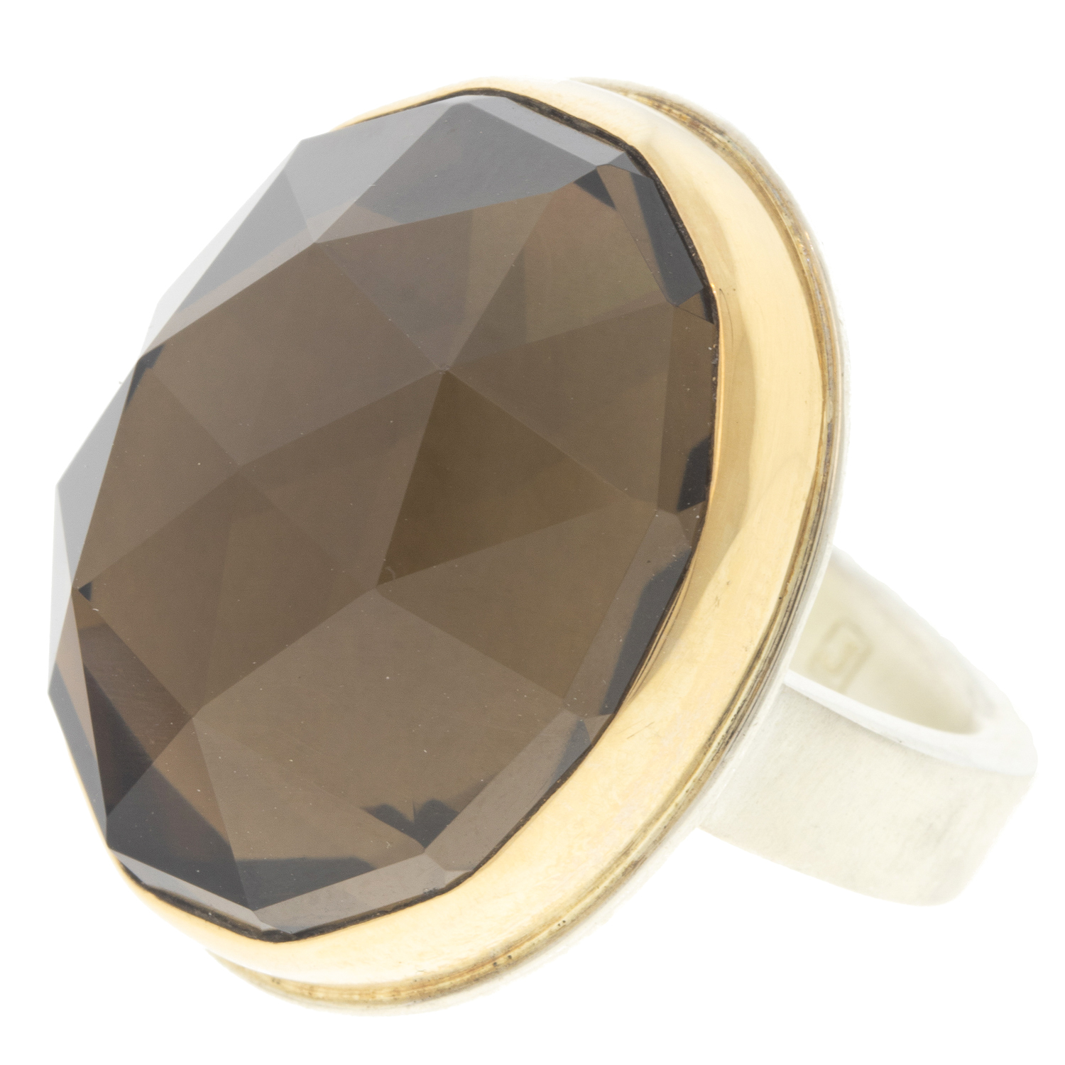 Jamie Joseph: Sterling & 14K Gold Ring w/ Vertical Oval Rose Cut SMOKY QUARTZ on Y Band sz 7