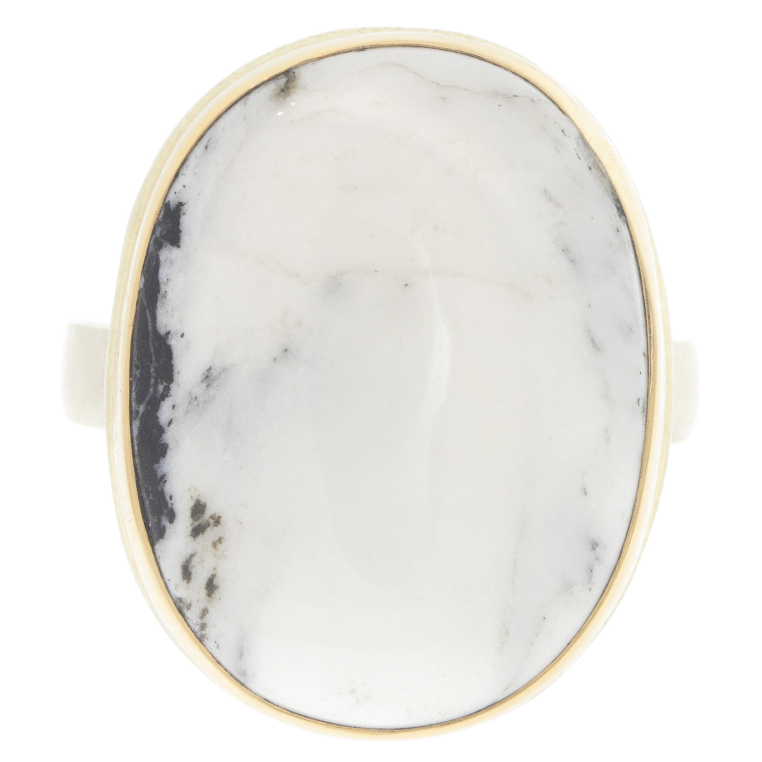 Jamie Joseph: Sterling & 14K Gold Ring w/ Vertical Oval WHITE BUFFALO TURQUOISE on Y Band size 8 15/16" x 11/16"