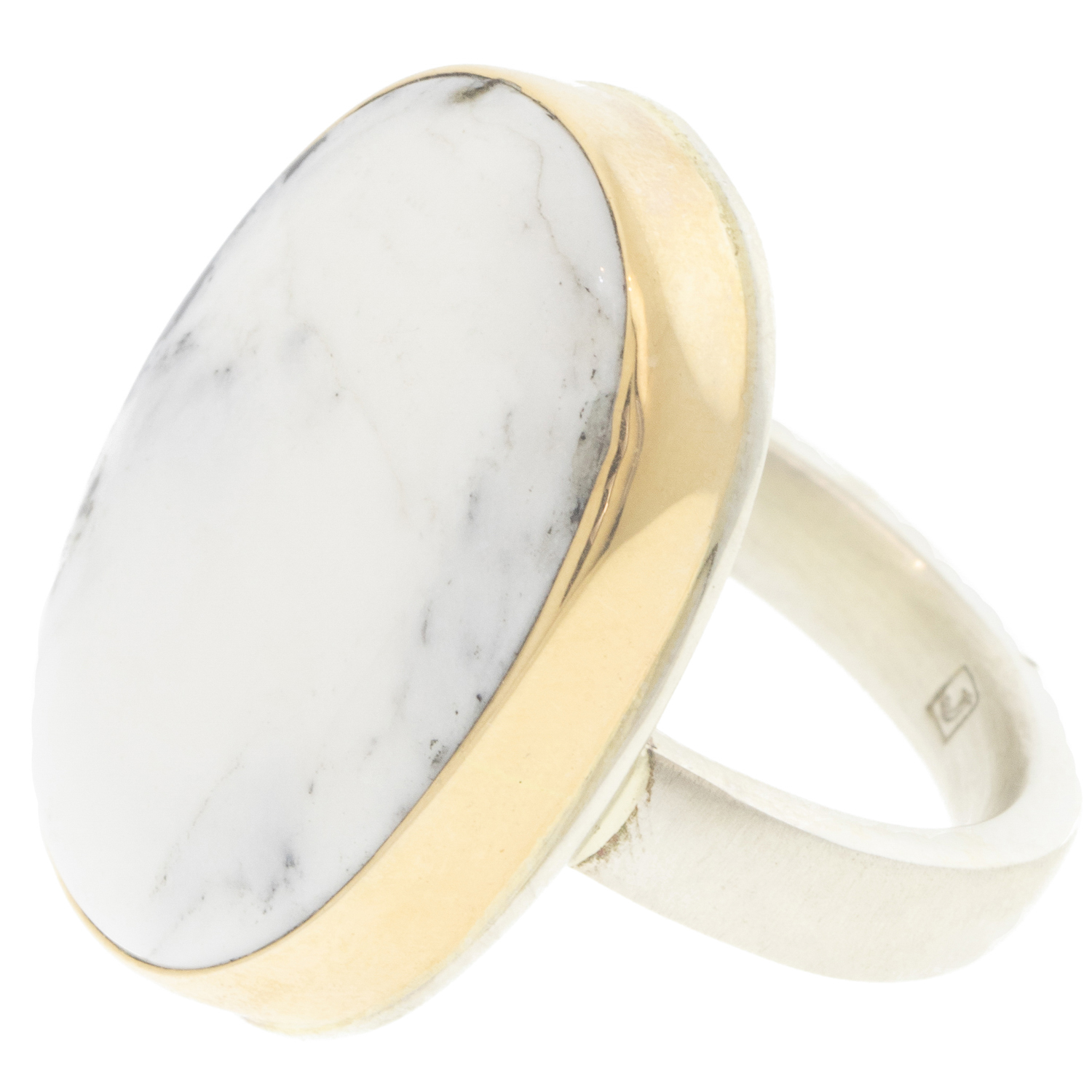 Jamie Joseph: Sterling & 14K Gold Ring w/ Vertical Oval WHITE BUFFALO TURQUOISE on Y Band size 8 15/16" x 11/16"
