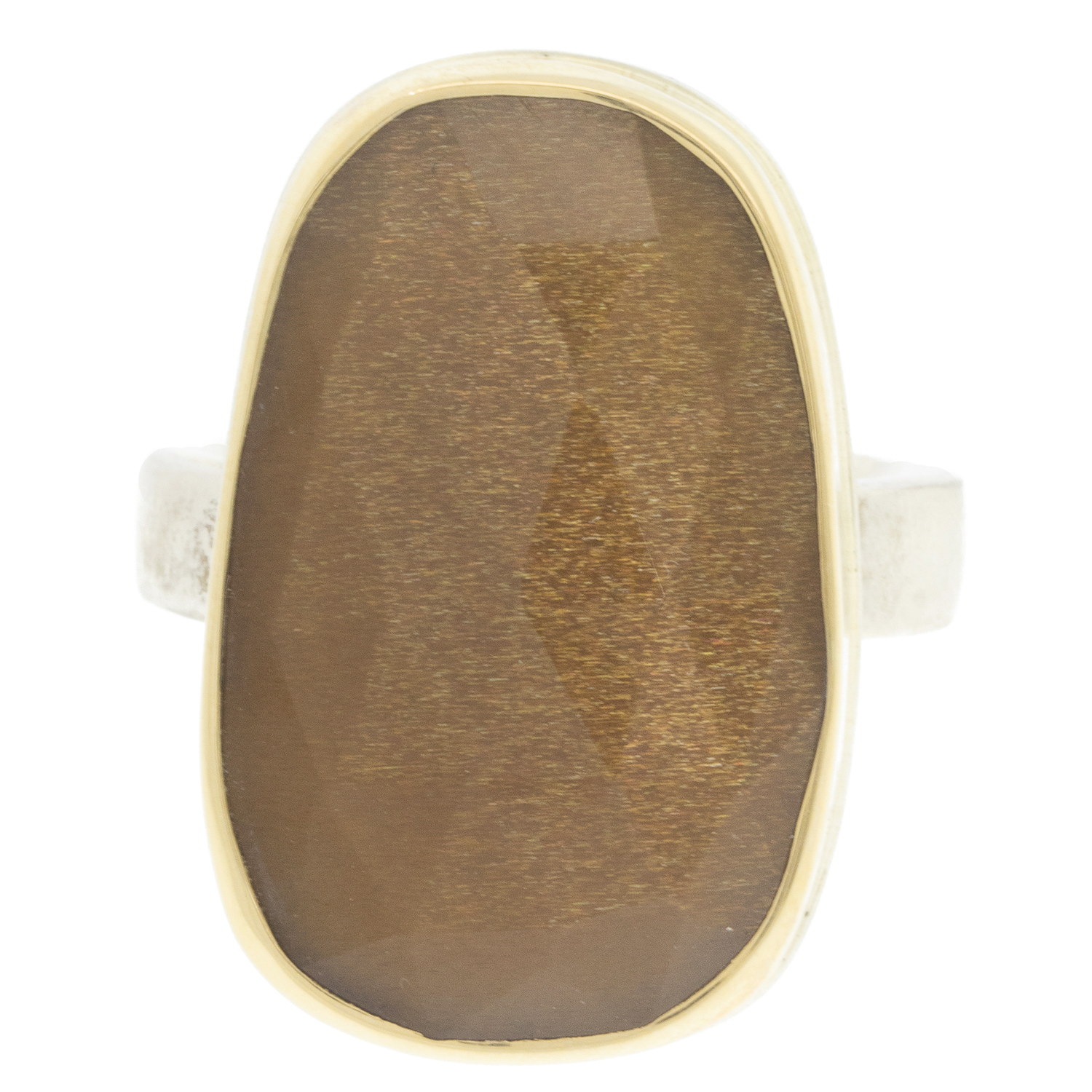 Jamie Joseph: SSterling & 14K Gold Ring w/ Vertical Asymmetrical Rose Cut GOLDEN MOONSTONE on Y Band size 7.5 15/16" x 9/16"