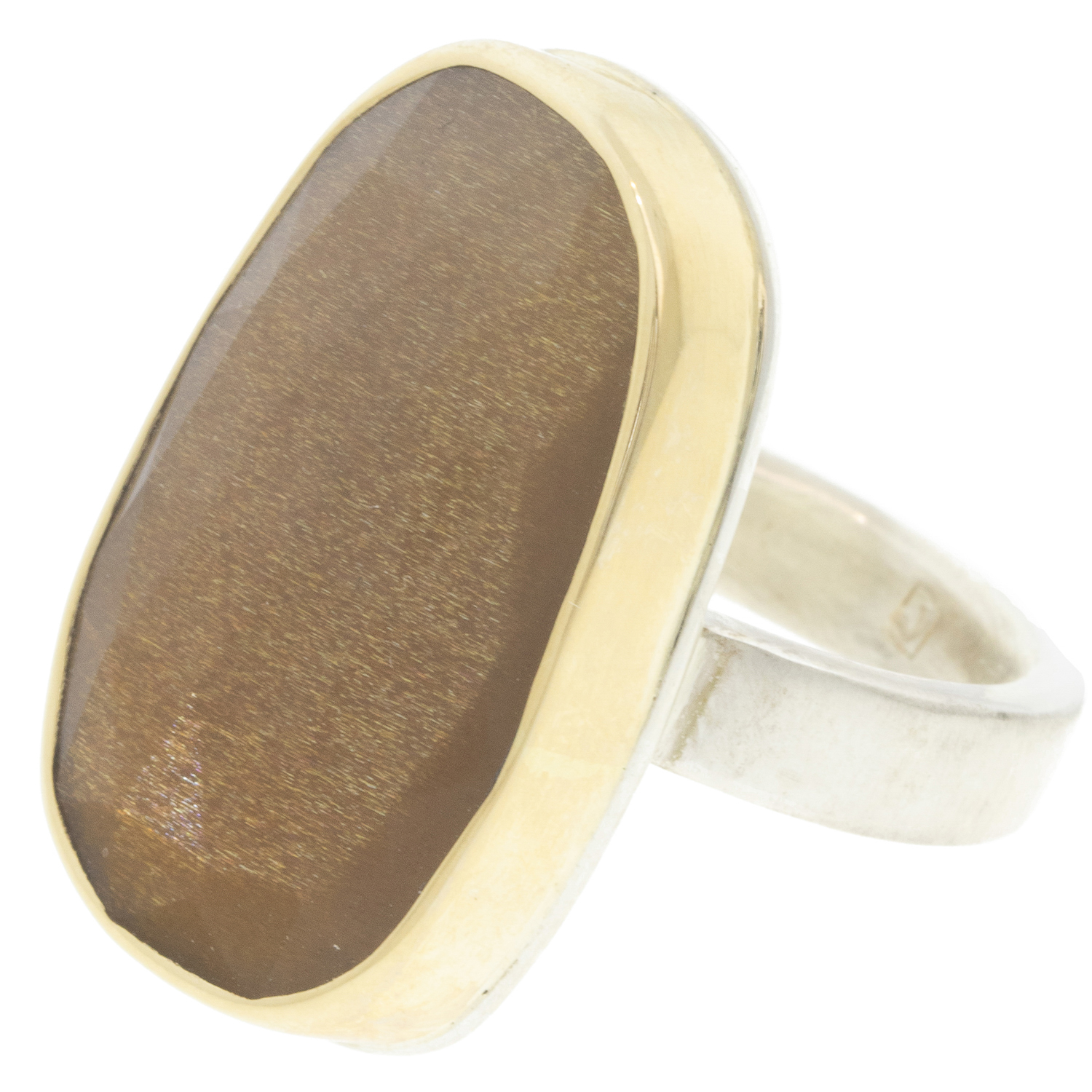 Jamie Joseph: SSterling & 14K Gold Ring w/ Vertical Asymmetrical Rose Cut GOLDEN MOONSTONE on Y Band size 7.5 15/16" x 9/16"