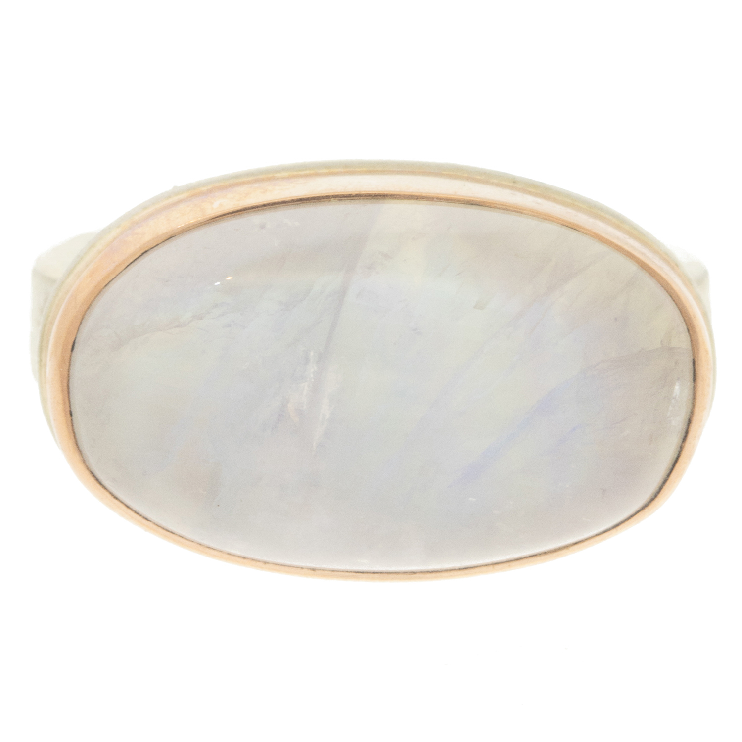 Jamie Joseph : Ring,Sterling & 14K Rose Gold Ring w/ Oval Smooth WHITE RAINBOW MOONSTONE on Y Band 7/16" x 3/4" size 7