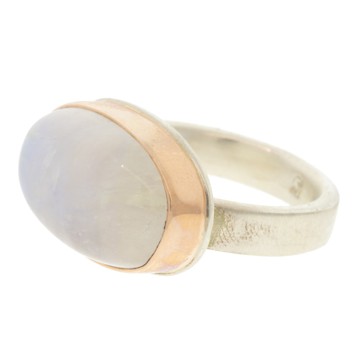 Jamie Joseph : Ring,Sterling & 14K Rose Gold Ring w/ Oval Smooth WHITE RAINBOW MOONSTONE on Y Band 7/16" x 3/4" size 7