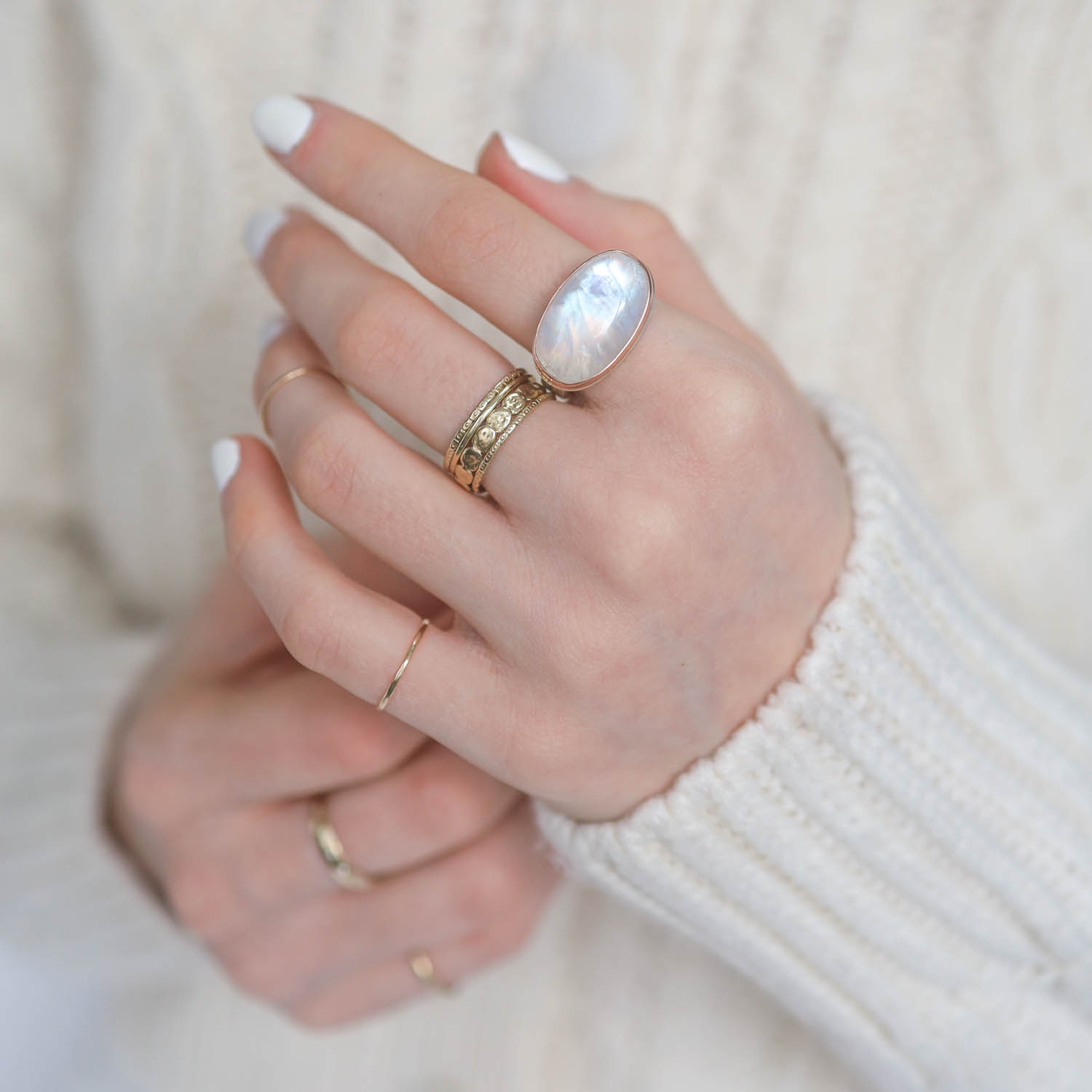 Jamie Joseph : Ring,Sterling & 14K Rose Gold Ring w/ Oval Smooth WHITE RAINBOW MOONSTONE on Y Band 7/16" x 3/4" size 7