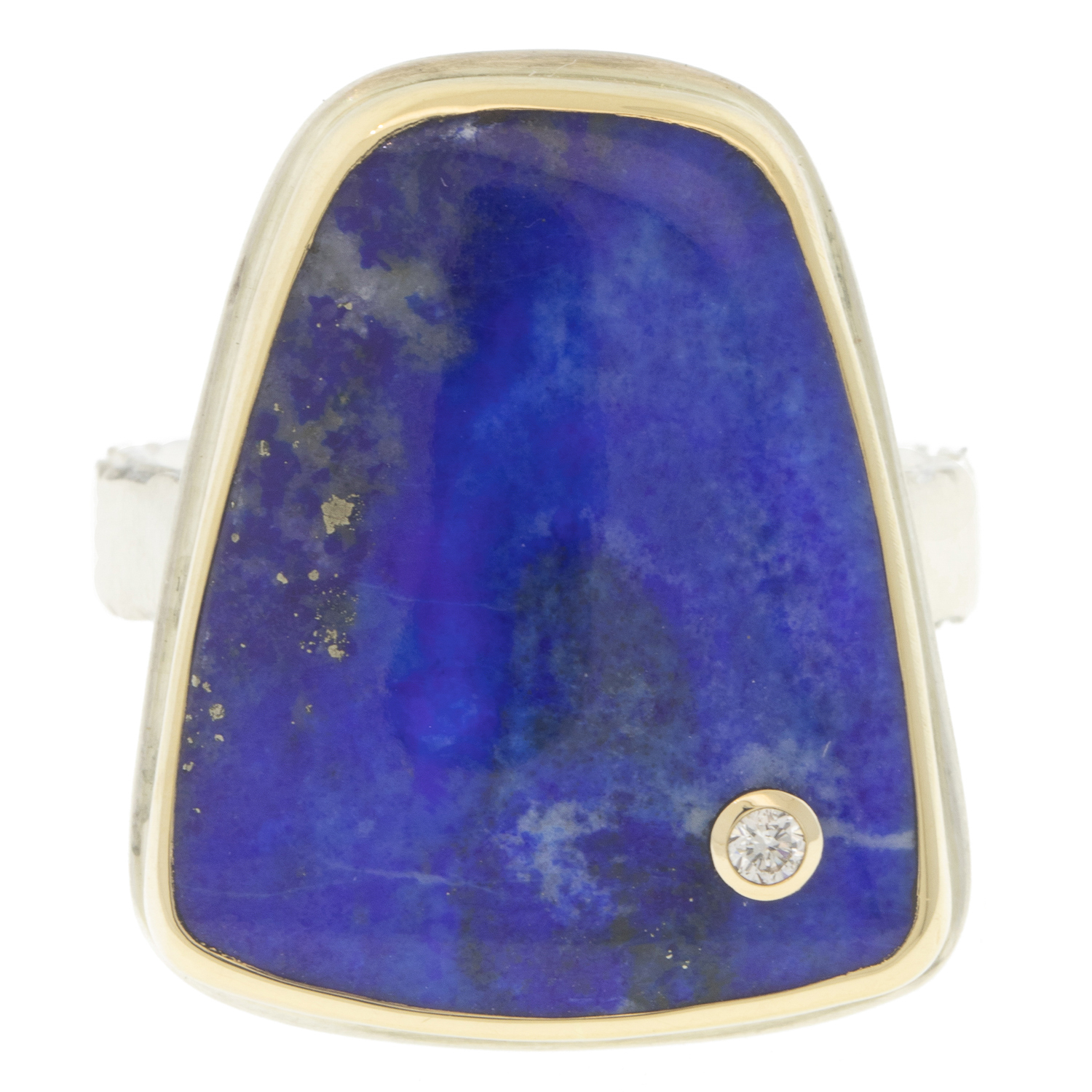 Jamie Joseph: LAPIS Sterling & 14K Gold Ring w/ Vertical Asymmetrical Smooth & .03 ct Diamond on Middle Bark Band sz 7.5