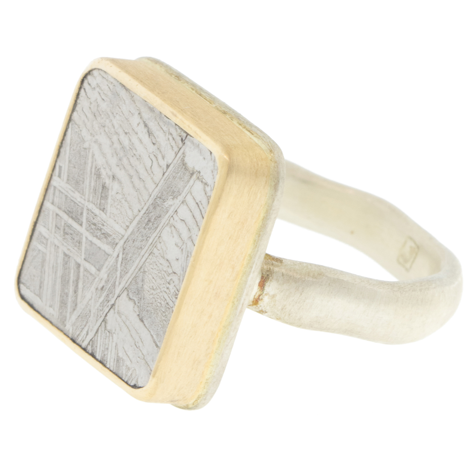 Jamie Joseph: SS & 14K gold Ring w/Small Square Scrimshaw Meteorite on Middle Groovy Band