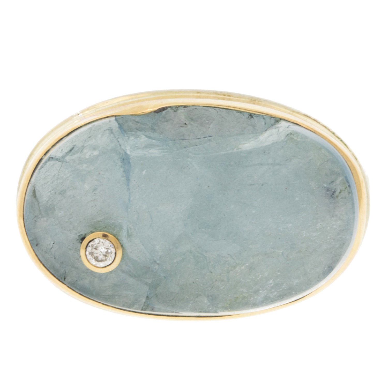 Jamie Joseph: Sterling & 14K Gold Ring w/ Oval Surface Cut AQUAMARINE & .03 ct Diamond on Soft Live Edge Band 1/2" x 13/16" size 7