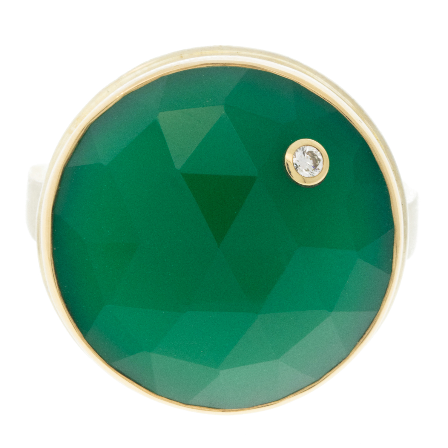 Jamie Joseph: Sterling & 14K Gold Ring w/ Round Rose Cut GREEN ONYX & .03 ct Diamond on Soft Live Edge Band, size 7.75, 3/4" in diameter