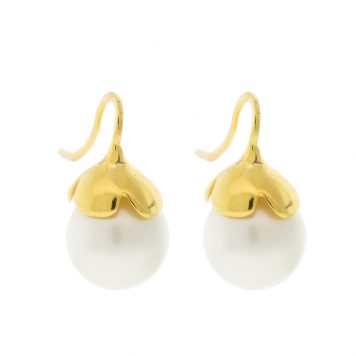 Catherine Canino: Flower cap Mother of Pearl Earrwire 14K Polished Gold Over Brass White