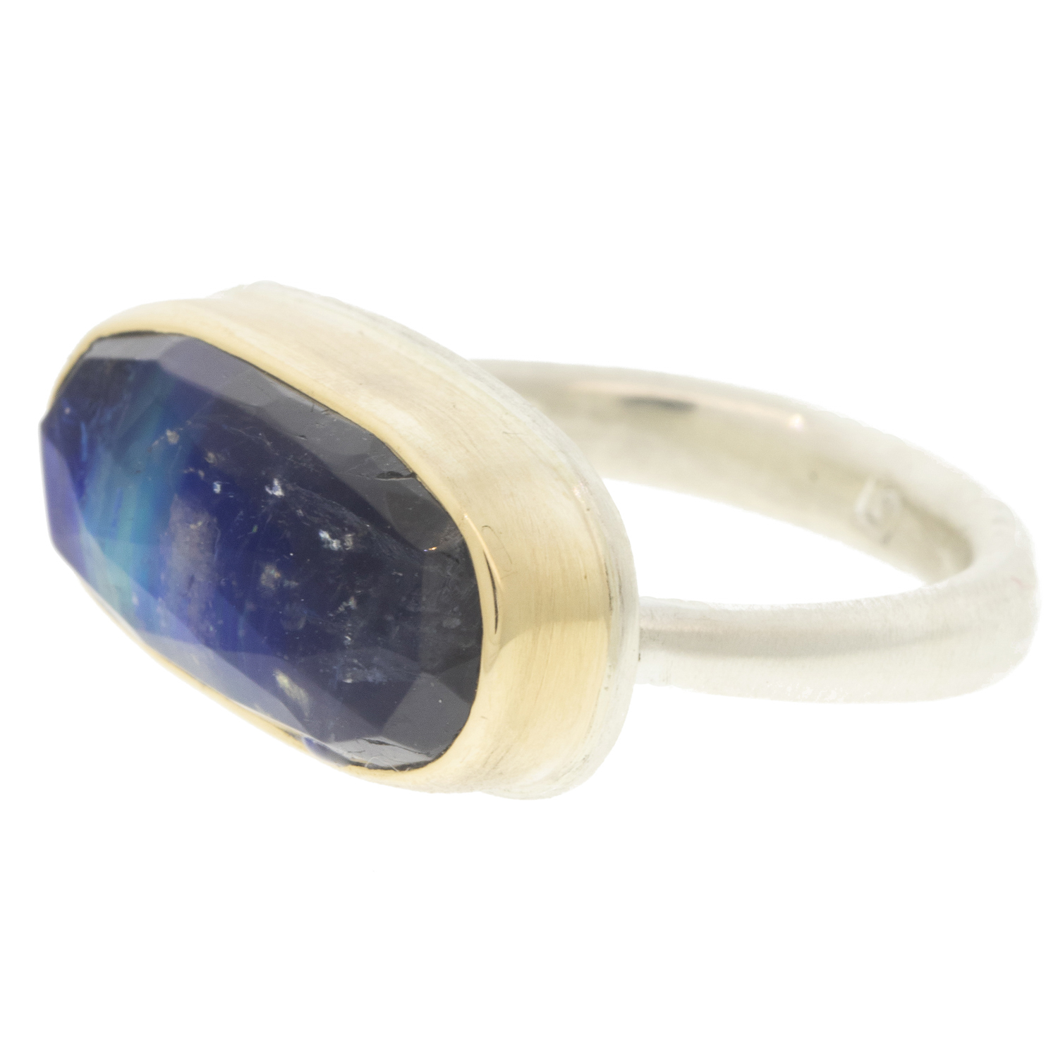 Jamie Joseph: Ring, Sterling & 14K Gold Ring w/ oval Rose Cut Rainbow Moonstone on Egyptian Band, size 7 1/4 Measures 3/8" x 3/4"