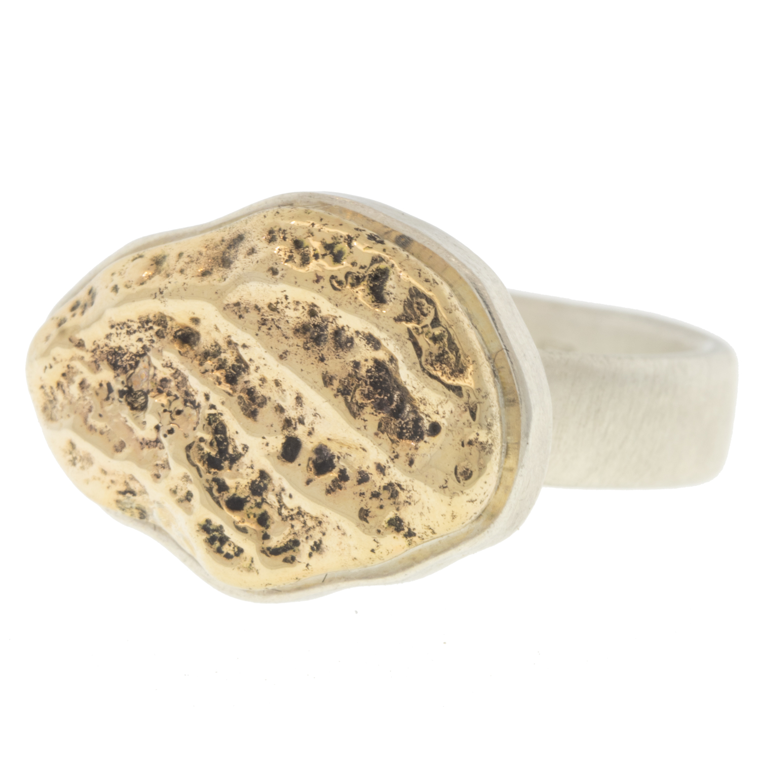Jamie Joseph: Napali Coast Textured Disc Sterling & 14K Gold Ring w/ Gold Asymmetrical on Sterling Platform and Comfort Band size 7