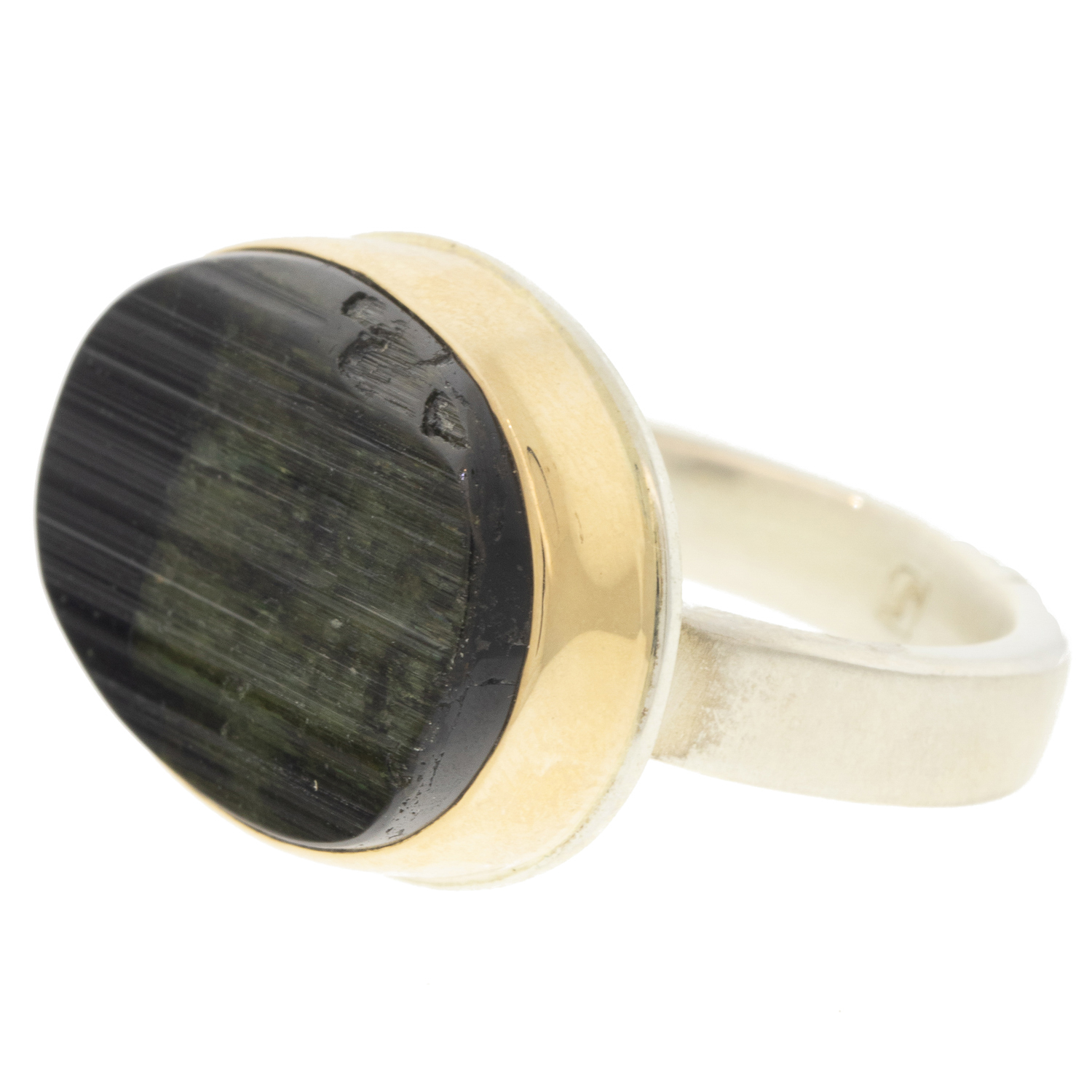 Jamie Joseph: Sterling & 14K Gold Ring w/ Oval Surface Cut GREENTOURMALINE on Y Band, size 7.5 9/16" x 13/16"