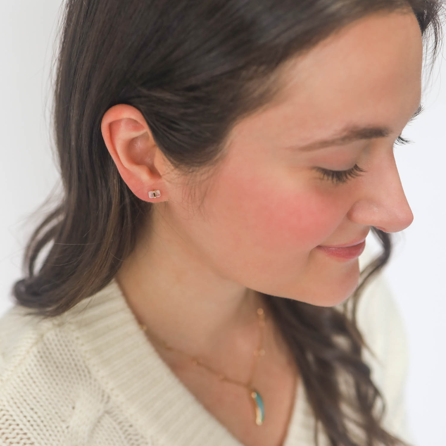 Melissa Joy Manning: 14k Yellow gold bezel wrapped emerald cut fancy rainbow moonstone studs