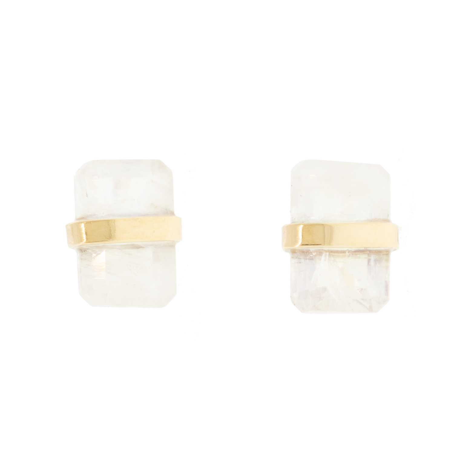 Melissa Joy Manning: 14k Yellow gold bezel wrapped emerald cut fancy rainbow moonstone studs