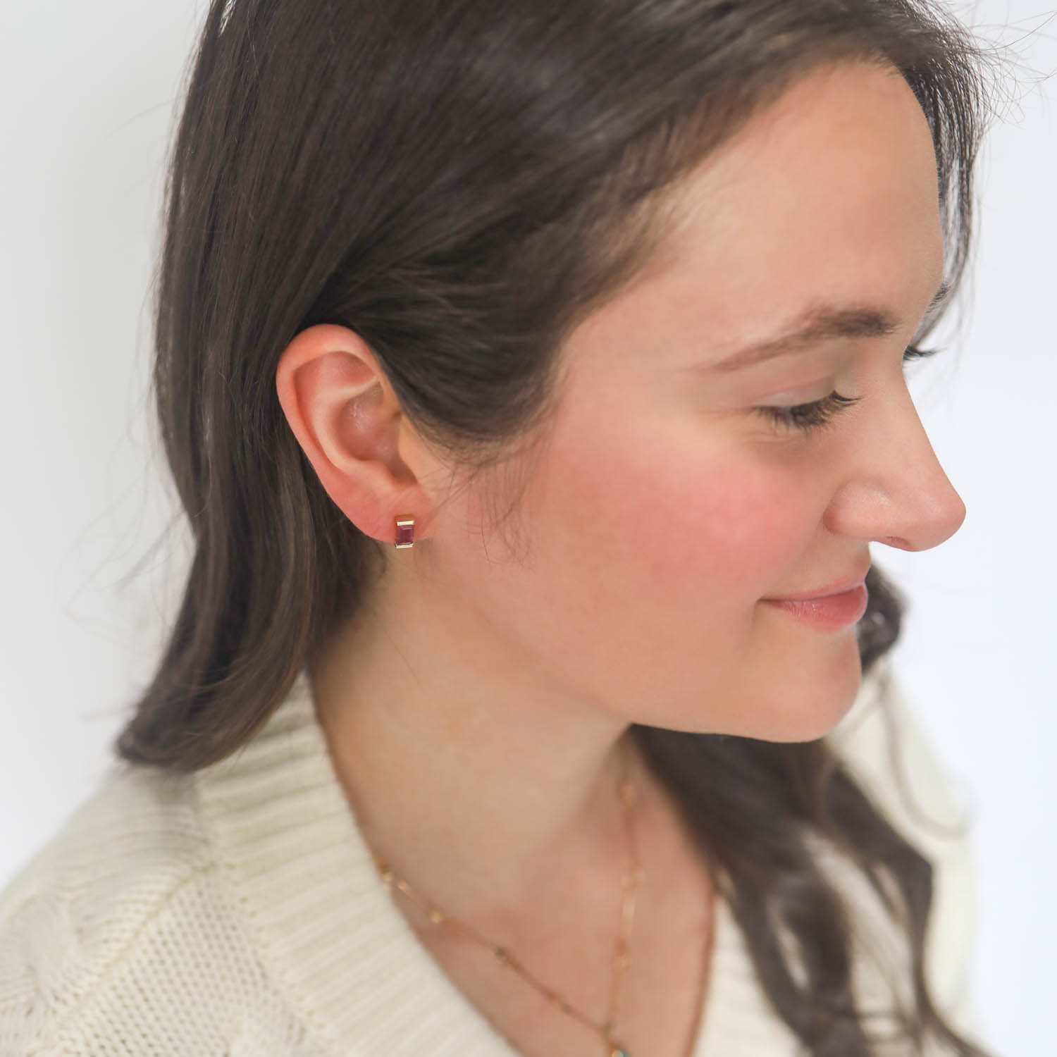 Melissa Joy Manning: 14k Yellow gold bar baguette ruby stud earrings