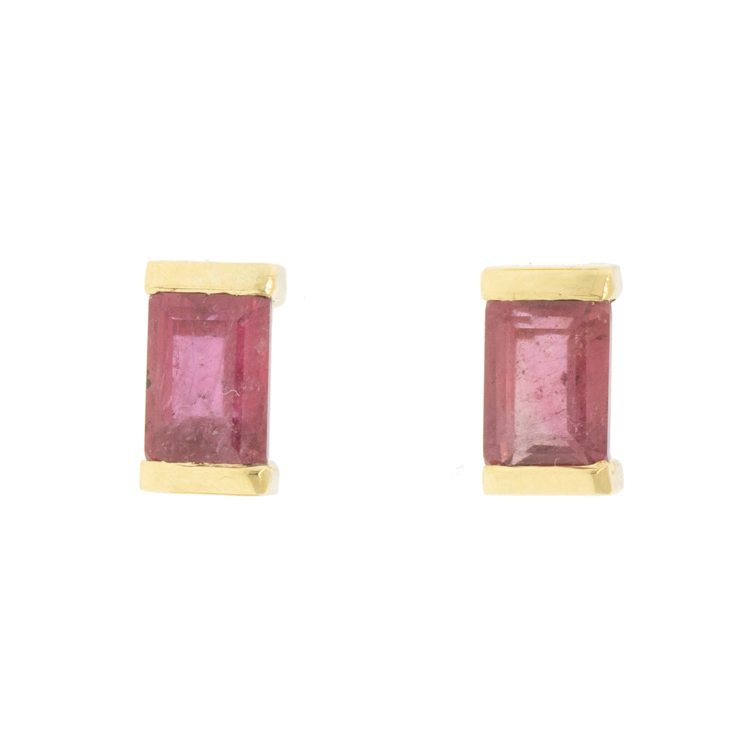 Melissa Joy Manning: 14k Yellow gold bar baguette ruby stud earrings
