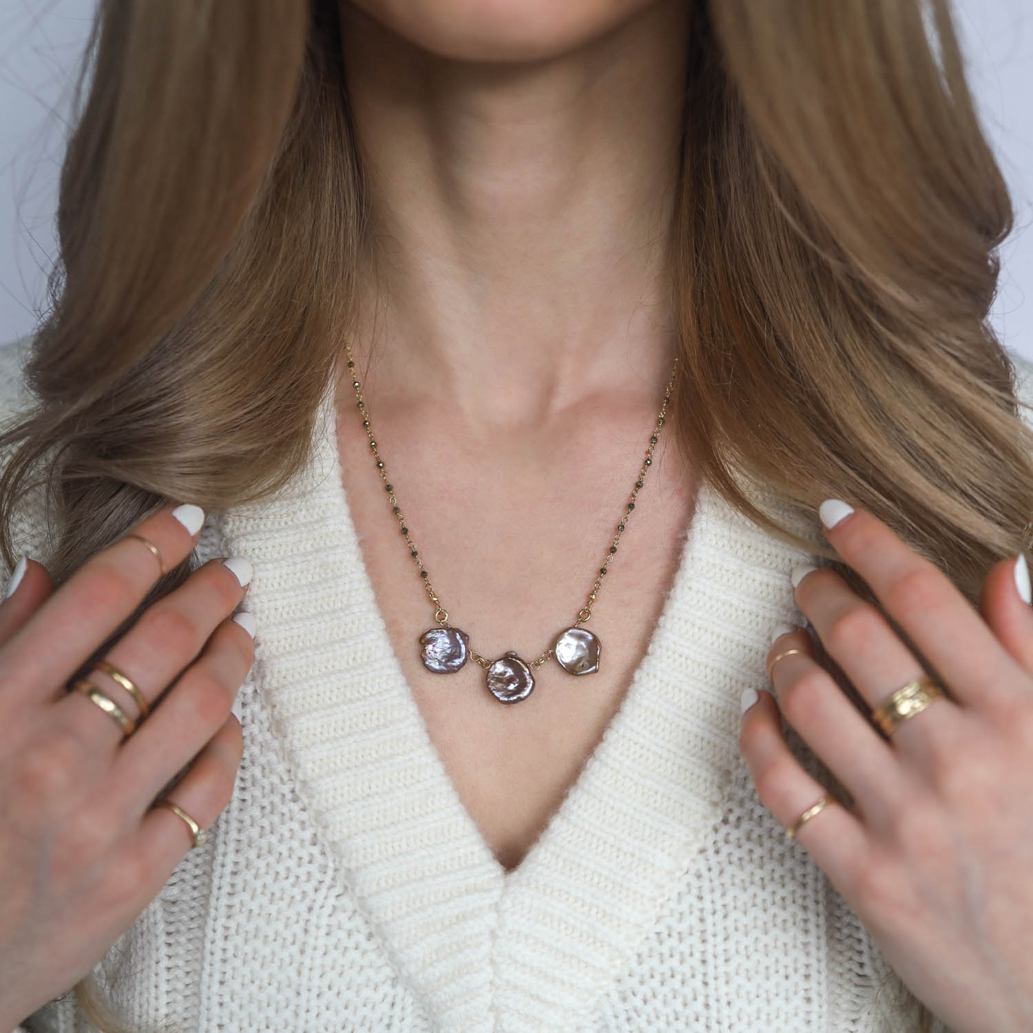 Robindira Unsworth: Necklace, 14K gold vermeil Pyrite chain,silver Keshi pearls