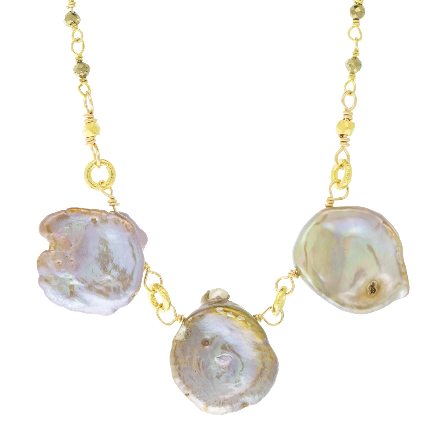 Robindira Unsworth: Necklace, 14K gold vermeil Pyrite chain,silver Keshi pearls