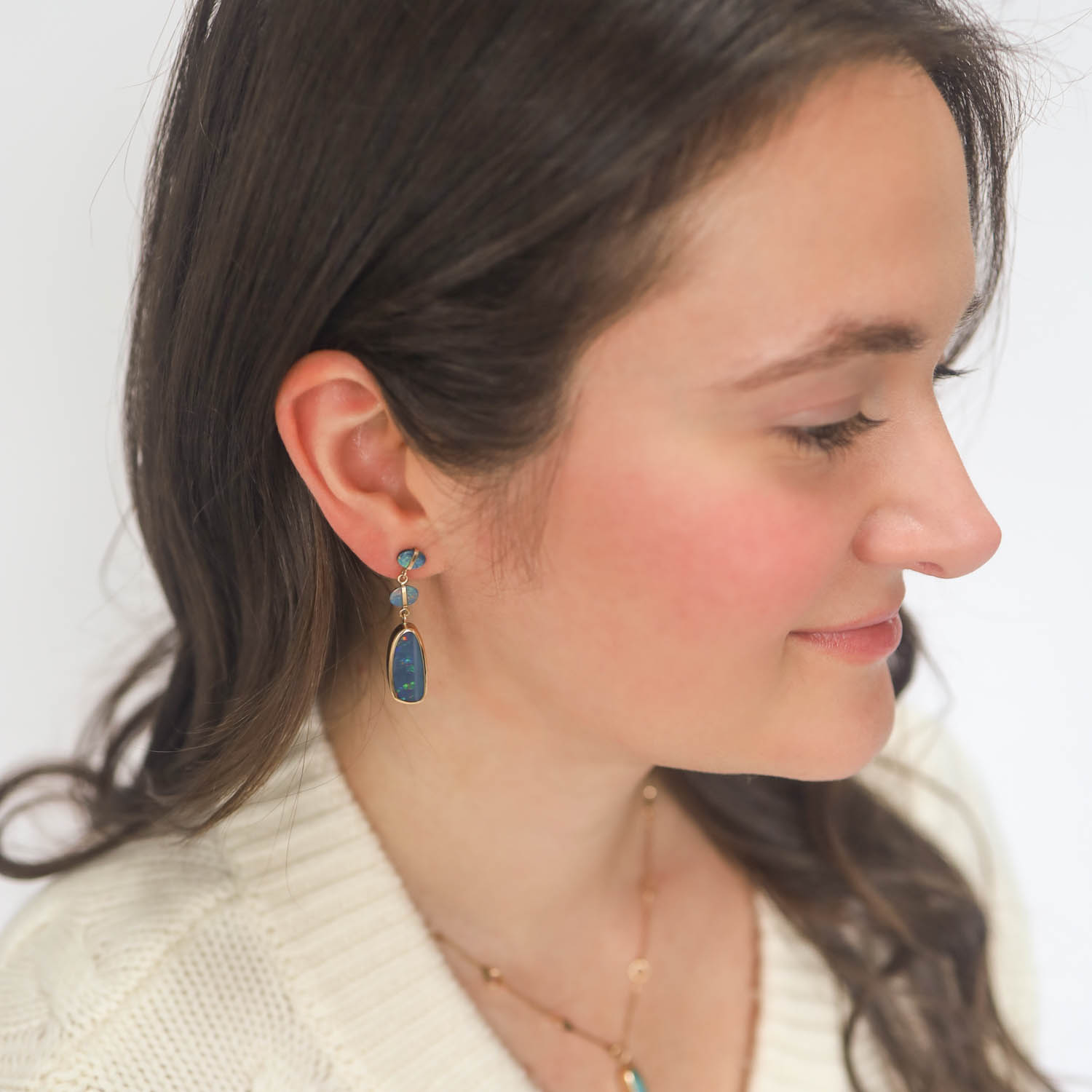 Melissa Joy Manning: one of a kind 14k Australian Opal triple drop earrings