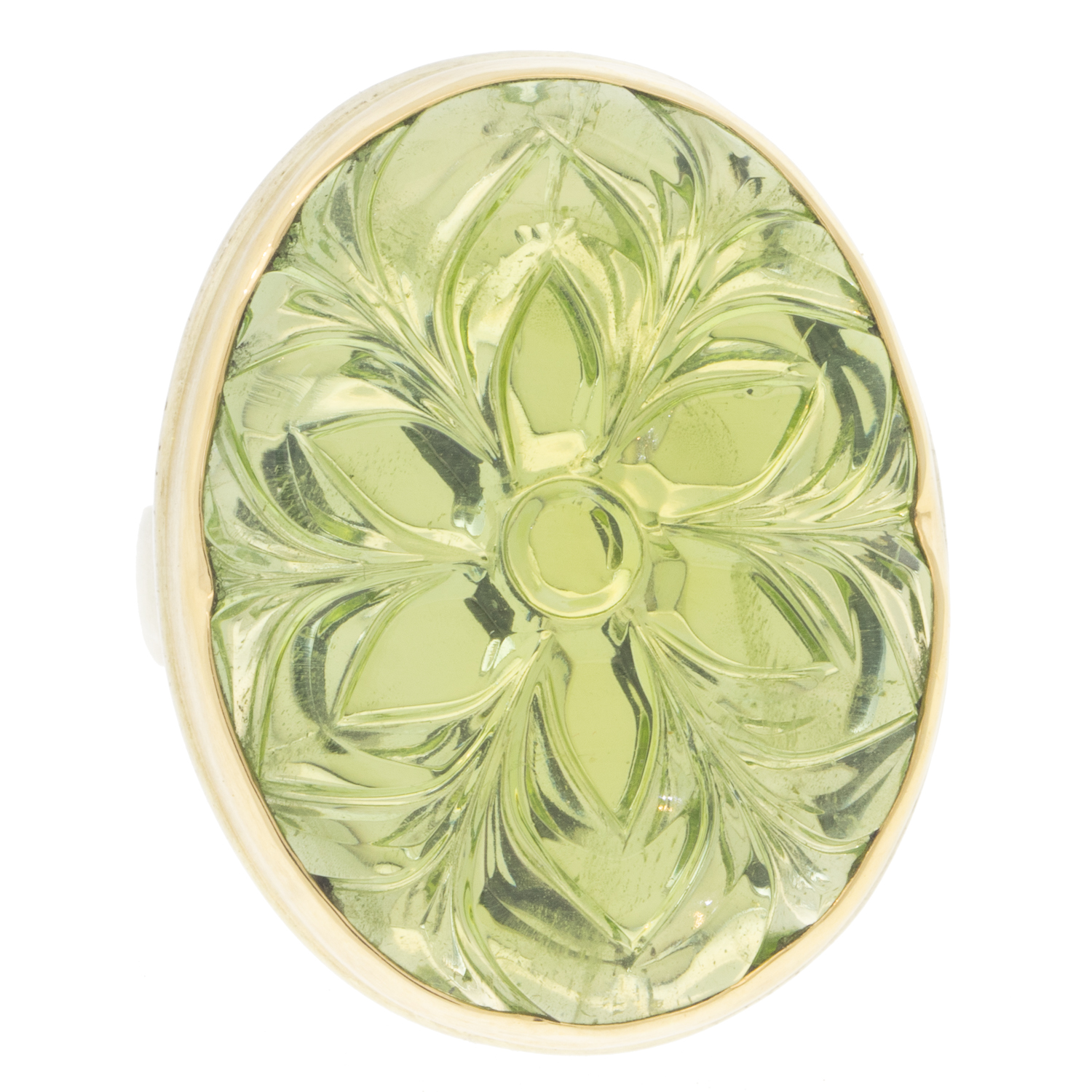 Jamie Joseph: Peridot SS and 14K Ring w/ Large carved on Comfort Band sz 8.25, 1 1/16" x 13/16"