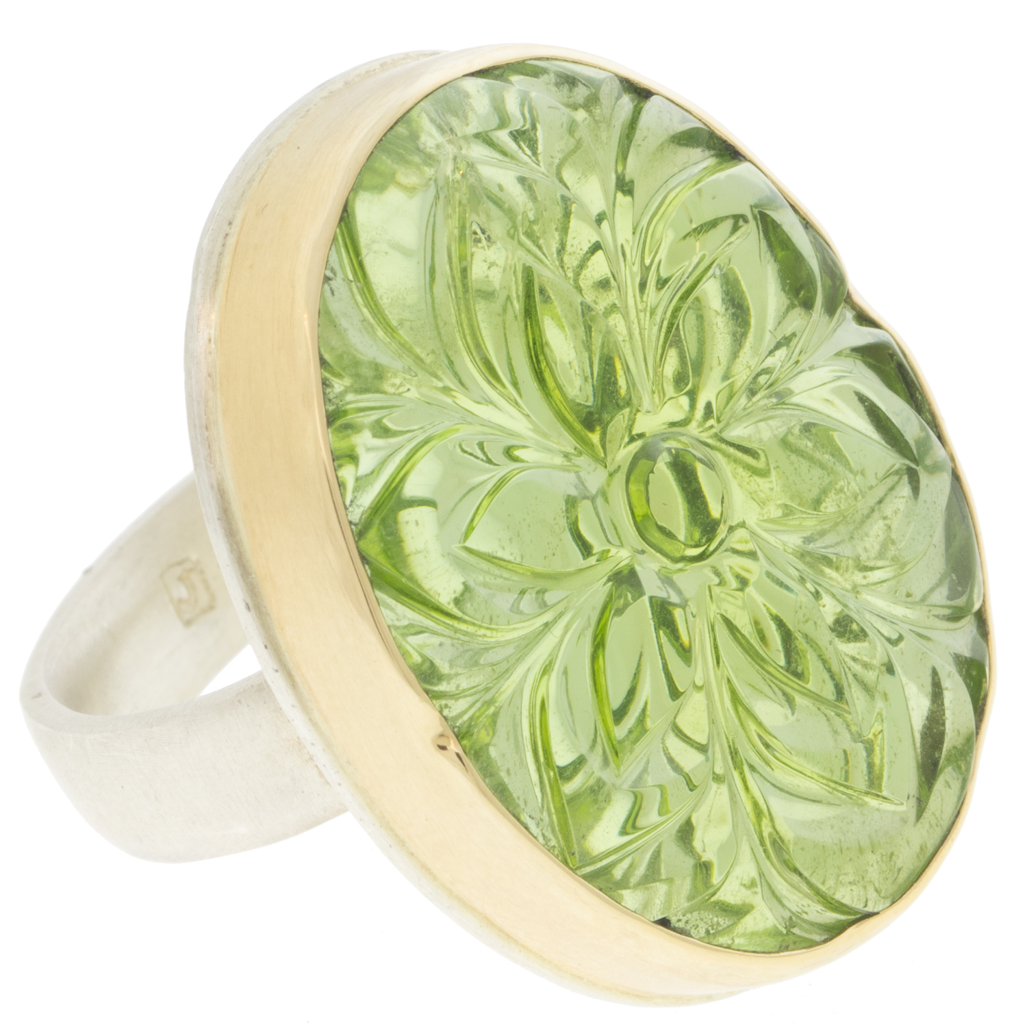 Jamie Joseph: Peridot SS and 14K Ring w/ Large carved on Comfort Band sz 8.25, 1 1/16" x 13/16"