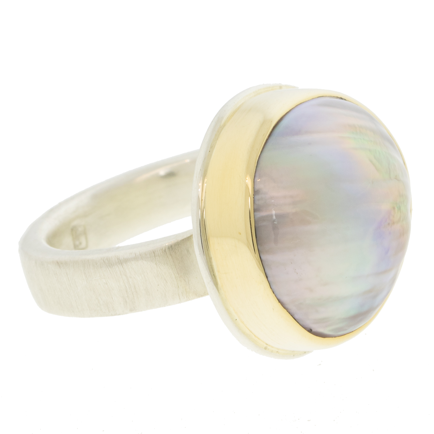 Jamie Joseph: Sterling & 14K Gold Ring w/ Asymmetrical Mabe Tahitian Pearl on Y Band sz 7