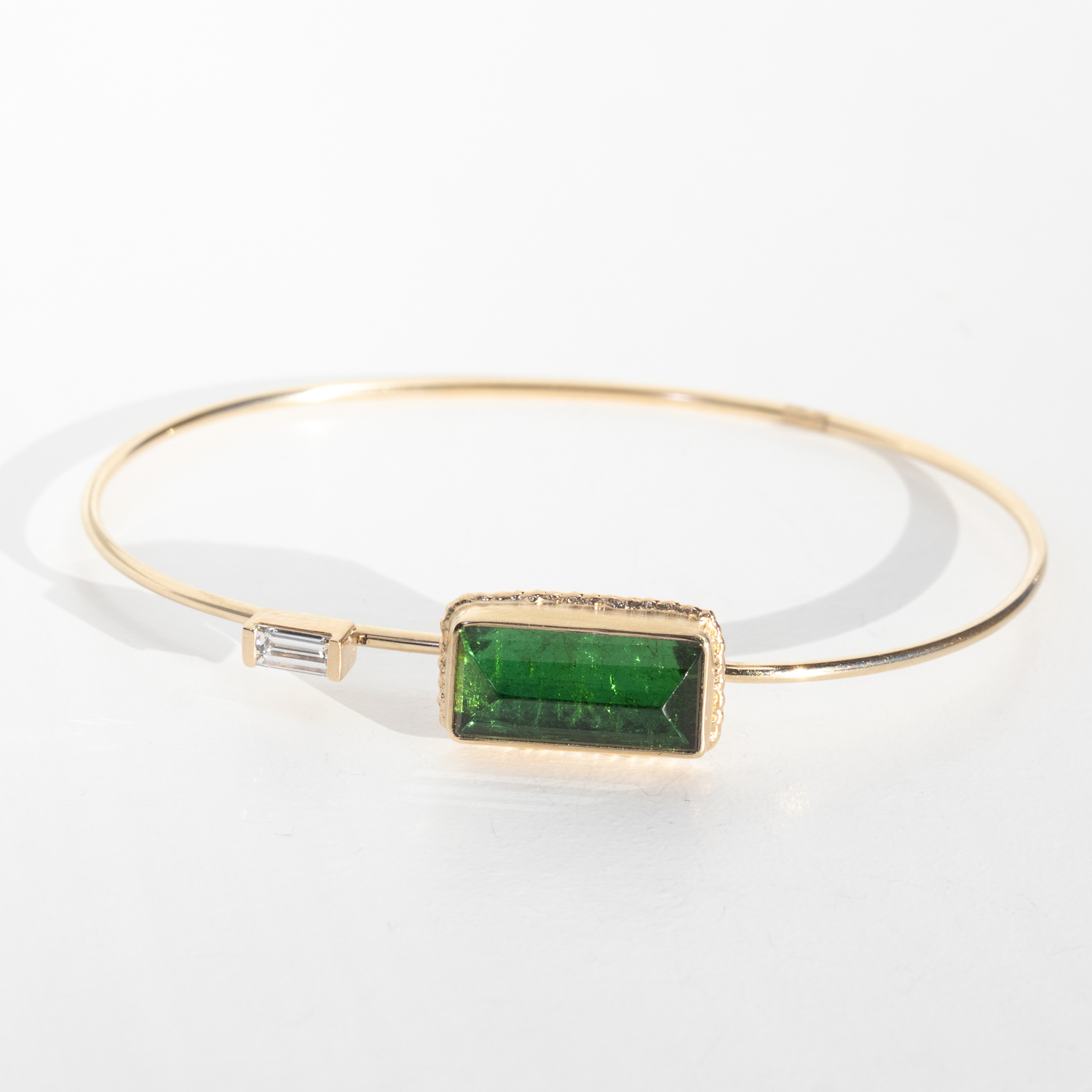 Jame Joseph Trunk Show: 14K Gold Bracelet w/ Rectangular Inverted GREEN TOURMALINE on Ruffled Platform w/ .19 ct Baguette Diamond Accent