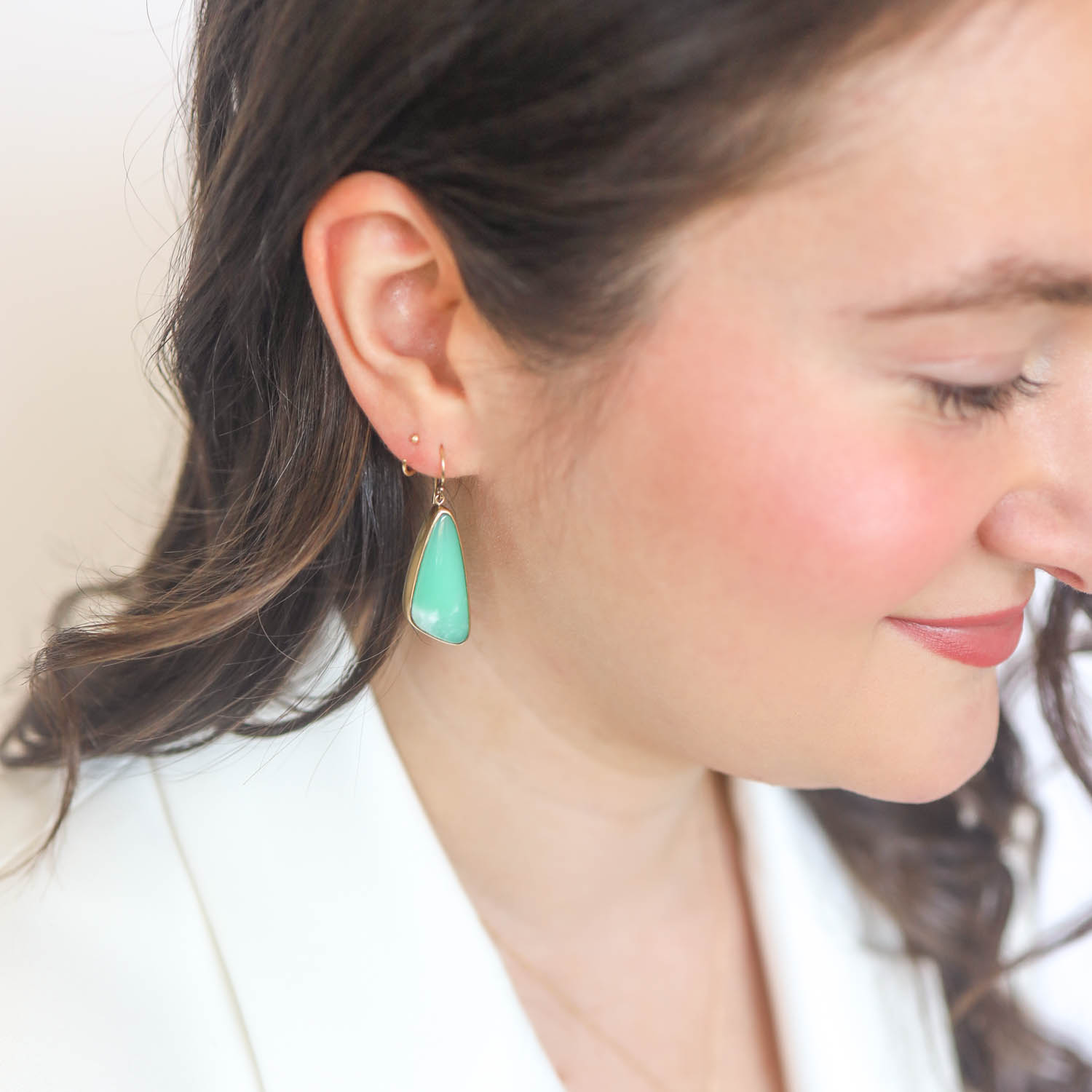 Jamie Joseph Trunk Show: Sterling & 14K Gold Earrings w/ Large Asymmetrical Smooth CHRYSOPRASE in Sterling Backed Gold Beze