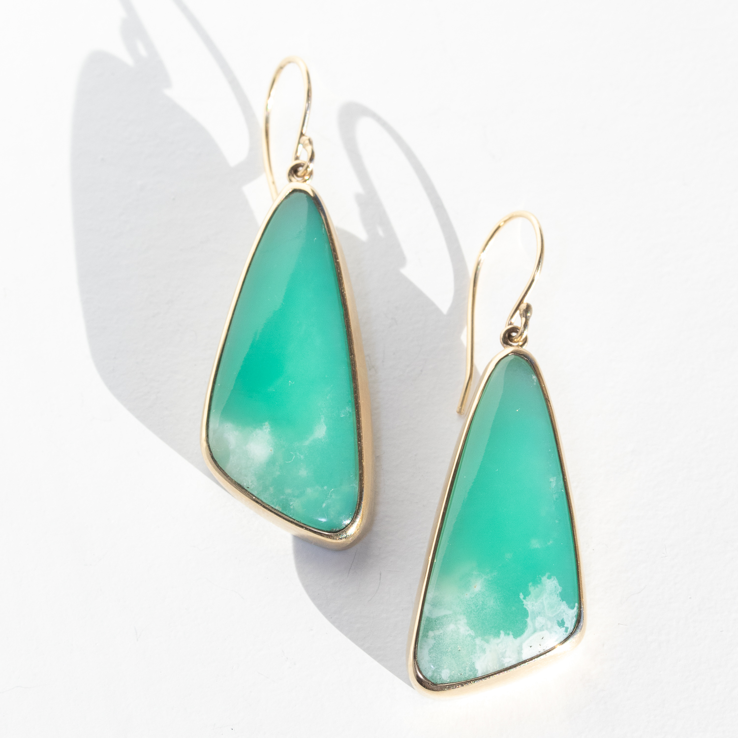 Jamie Joseph Trunk Show: Sterling & 14K Gold Earrings w/ Large Asymmetrical Smooth CHRYSOPRASE in Sterling Backed Gold Beze