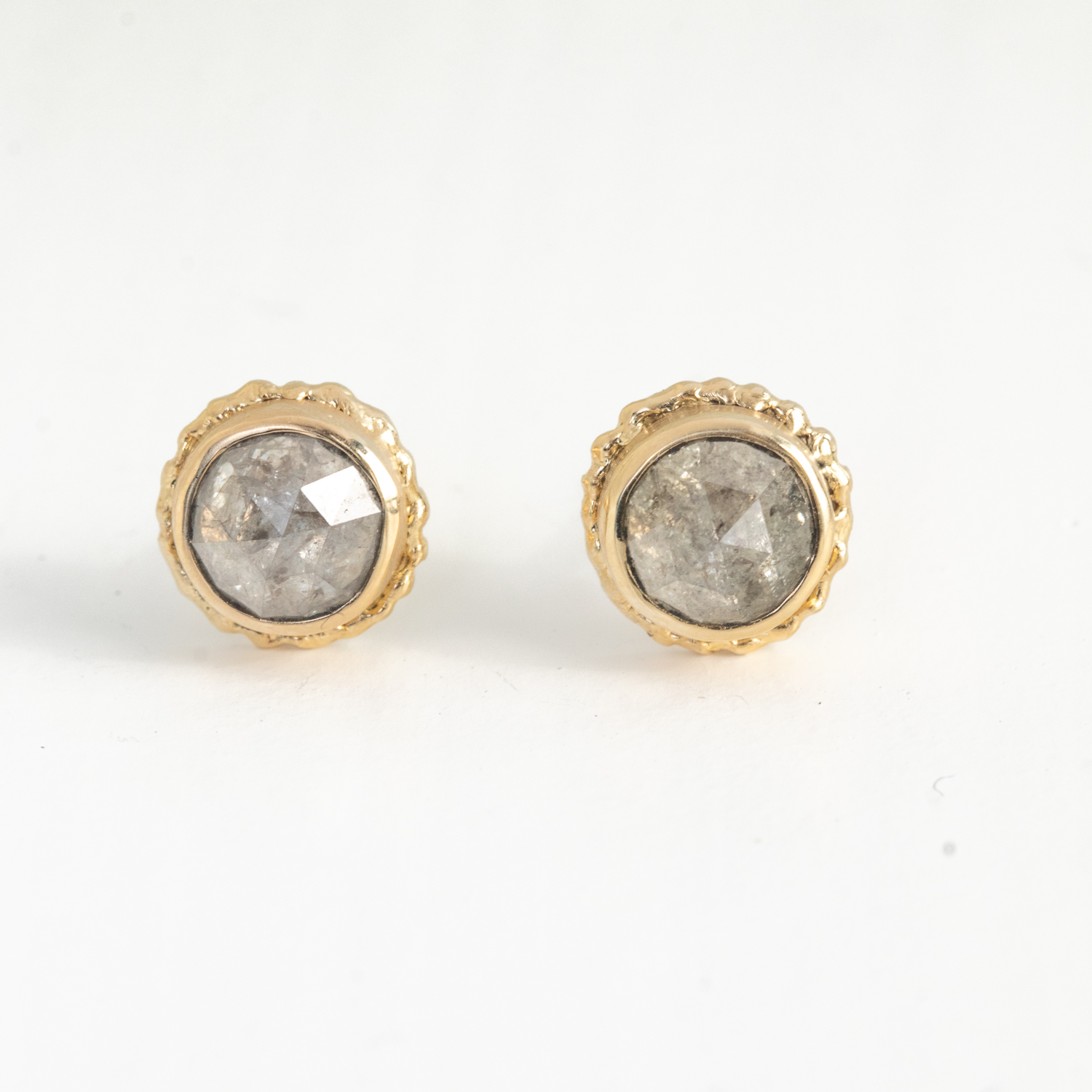 Jamie Joseph Trunk Show: 14K Gold Post Earrings w/ Round Rose Cut 1.47 CTW RUSTIC DIAMOND on Ruffled Platform, Measure 1/4" x 1/4"