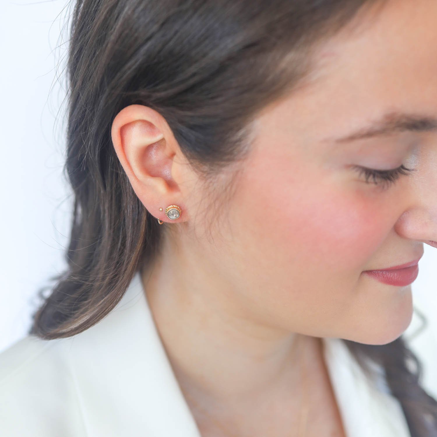 Jamie Joseph Trunk Show: 14K Gold Post Earrings w/ Round Rose Cut 1.47 CTW RUSTIC DIAMOND on Ruffled Platform, Measure 1/4" x 1/4"