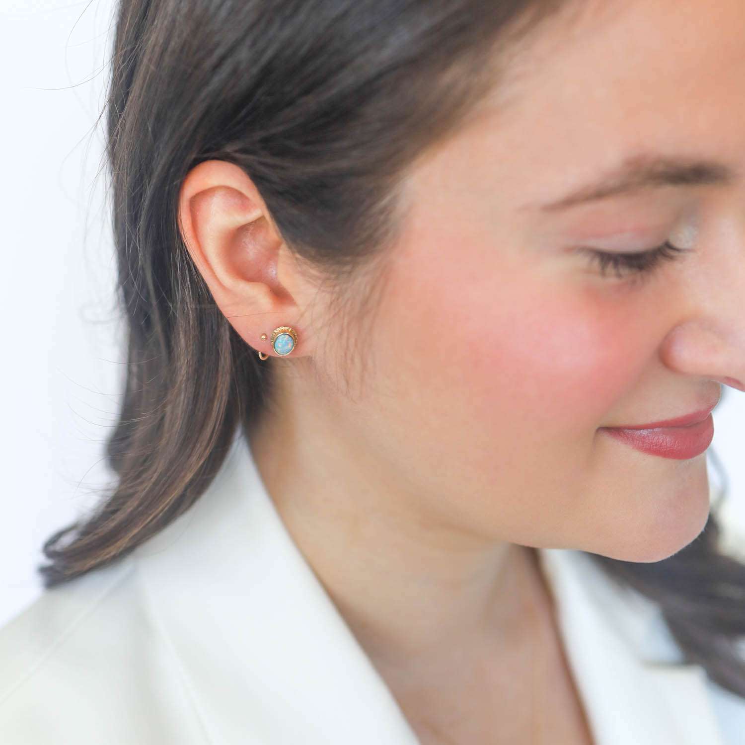 Jamie Joseph Trunk Show: 14K Gold Post Earrings w/ 7 x 5mm Oval AUSTRALIAN OPAL on Ruffled Platform, Measure 5/16" x 1/4"