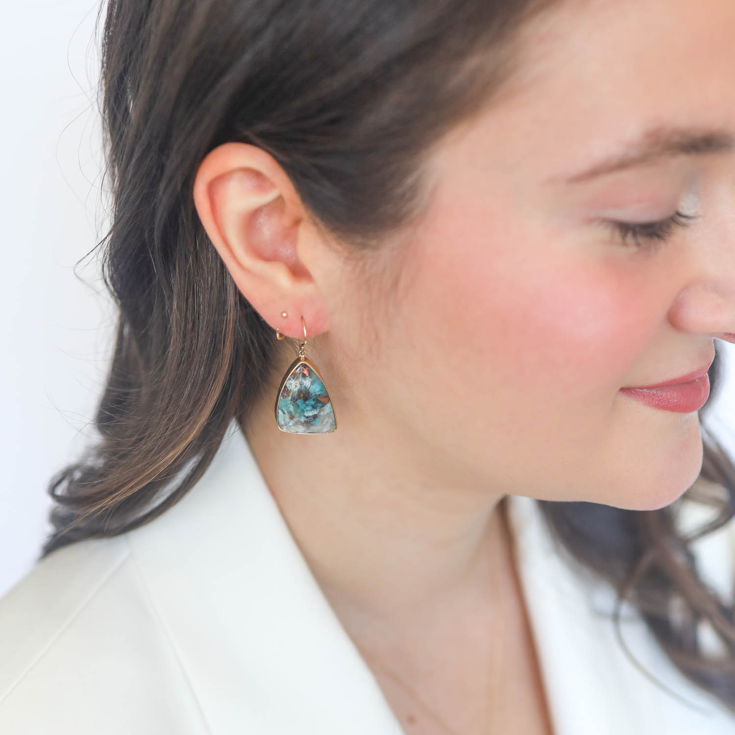 Jamie Joseph Trunk Show: Sterling & 14K Gold Earrings w/ Asymmetrical CONFETTI CHRYSOCOLLA in Sterling Backed Gold Bezel
