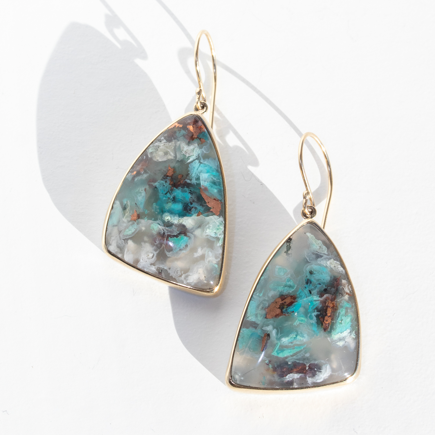 Jamie Joseph Trunk Show: Sterling & 14K Gold Earrings w/ Asymmetrical CONFETTI CHRYSOCOLLA in Sterling Backed Gold Bezel