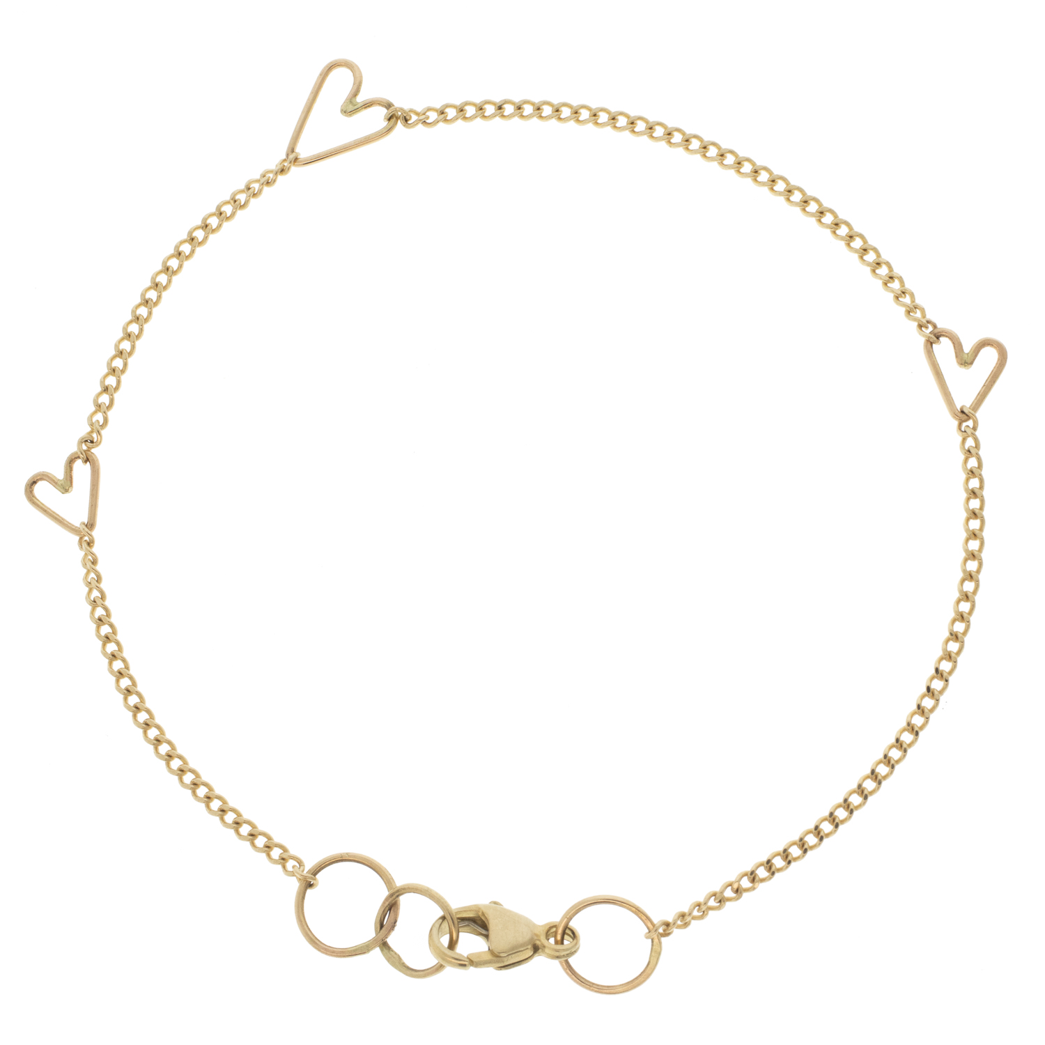 Jane Hollinger: 6 & 3/4 14k Gold Assymetrical Bracelet w/ 3 Mixed Size Hearts