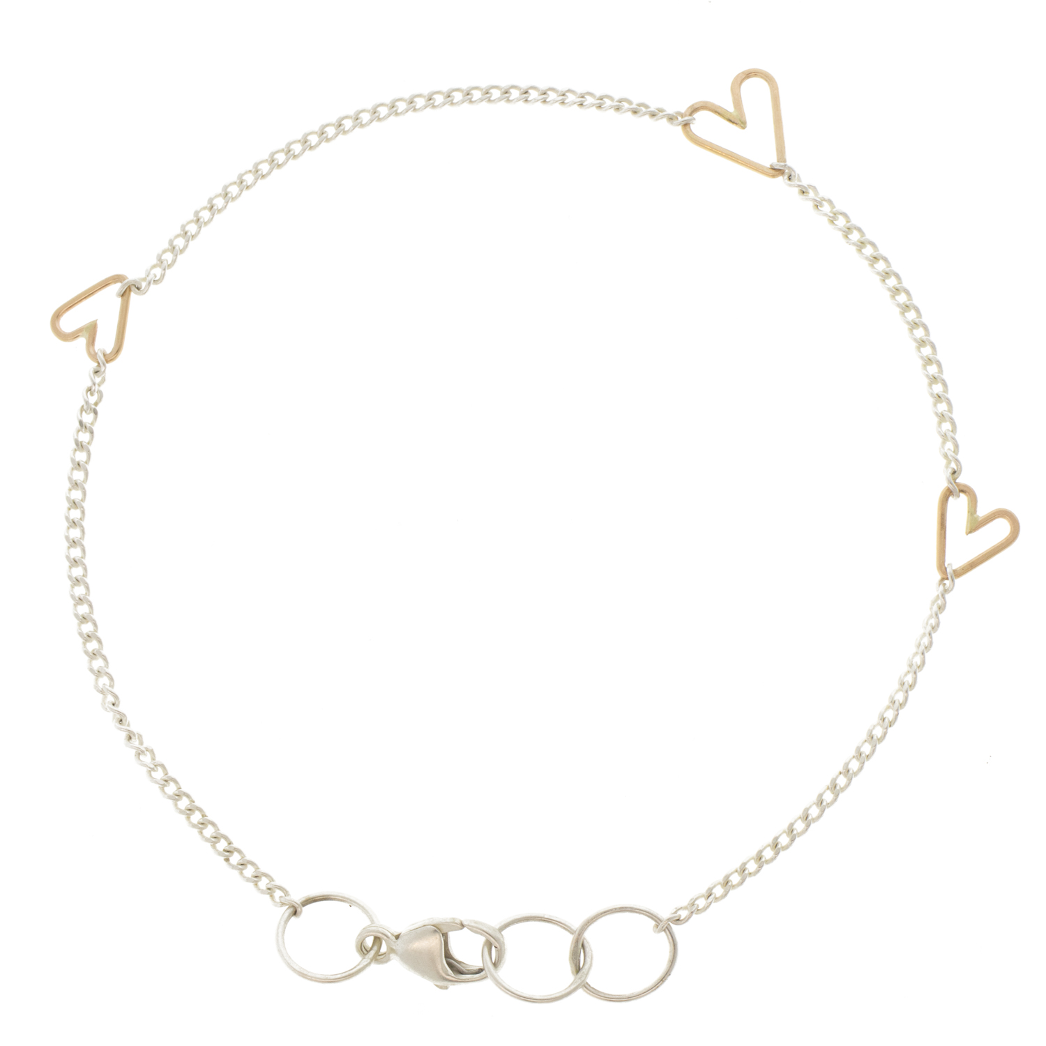 Jane Hollinger: Sterling Silver asymmetrical Bracelet w 3 14k Hearts