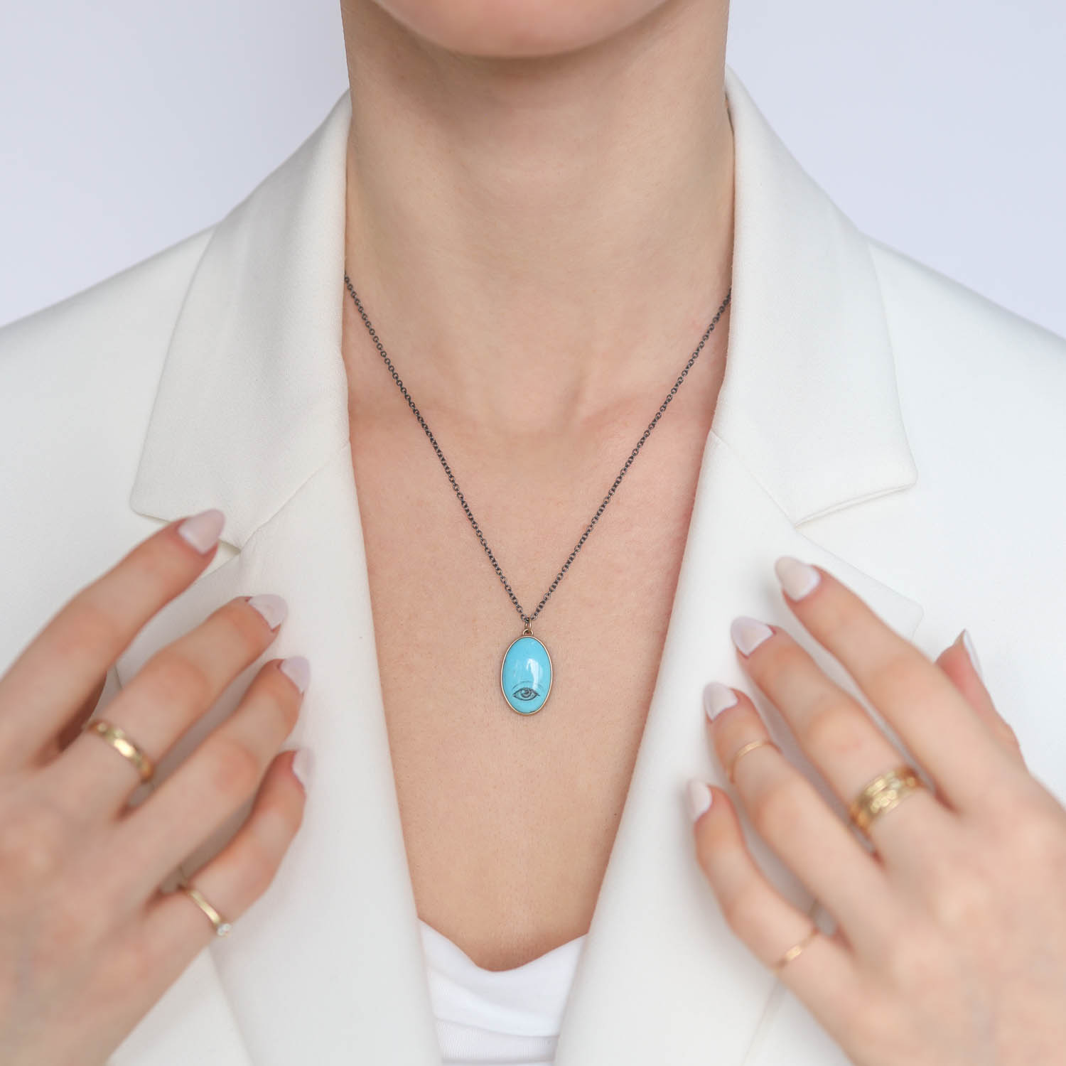 Hannah Blount: NECKLACE Lovers Eye #29 7.75ct Kingman Turquoise + Oxidized Sterling Silver + 14k Gold + India Ink + 18"