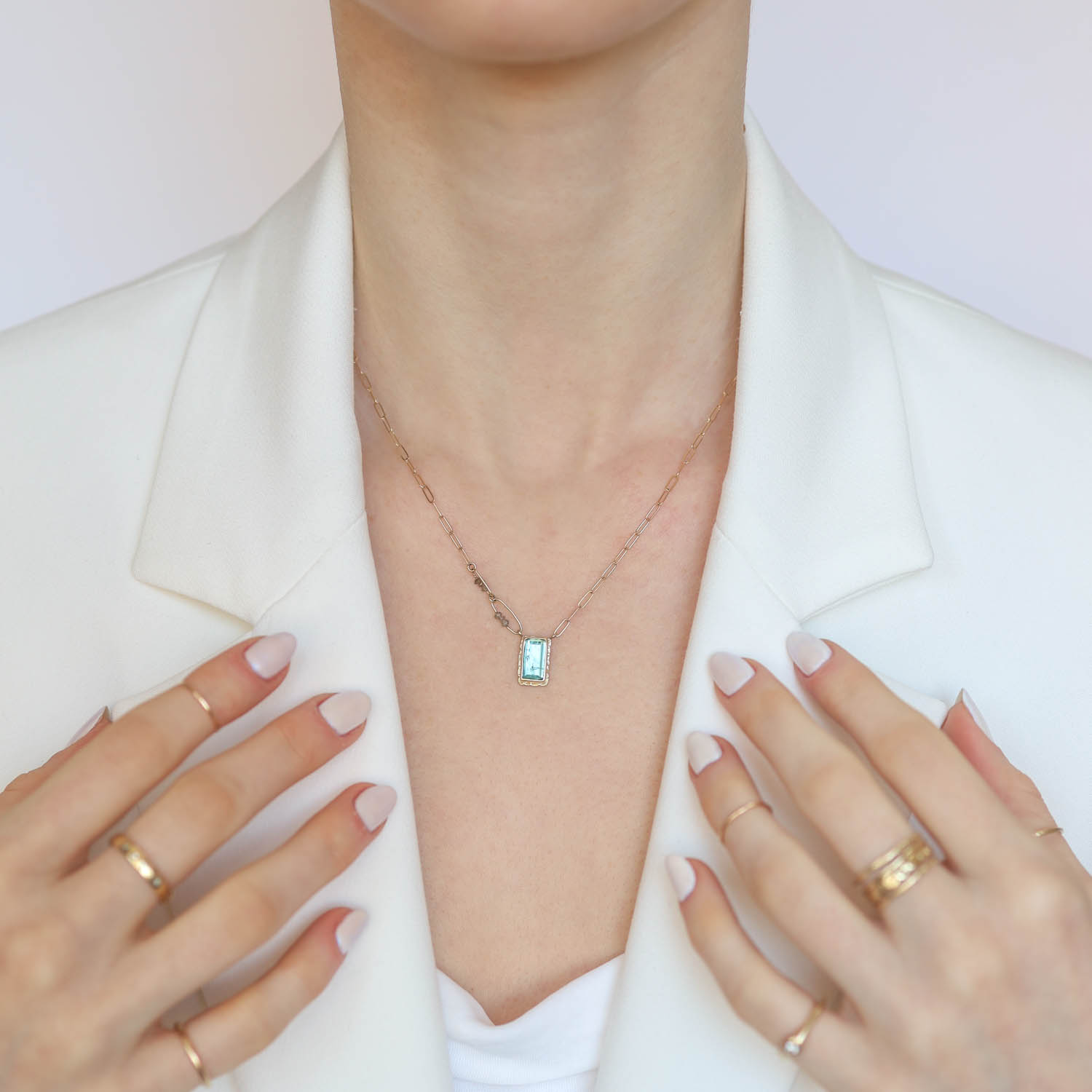 Jamie Joseph Trunk Show: 14K Gold Necklace w/ Rectangular Table Up INDICOLITE on Ruffled Platform w/ Two Diamond Bead Chain Accents (17.5")