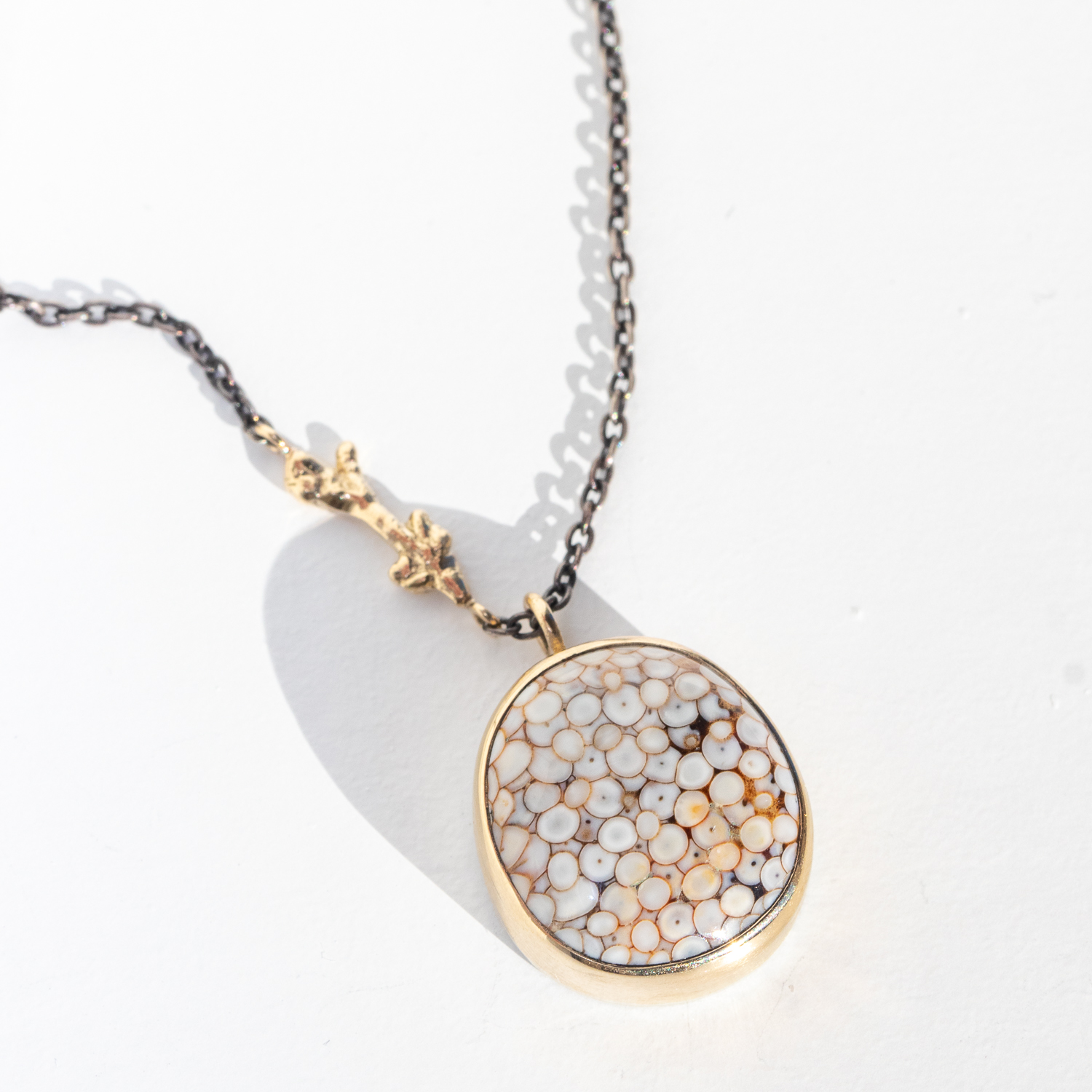 Jamie Joseph Trunk Show: Oxidized Sterling & 14K Gold Necklace w/ Oval SNAKESKIN AGATE in Sterling Backed Gold Bezel w/ Two Branch Accents (17.5"), Chain measures 16-17 1/2", Stone measures 3/4" x 1/2"