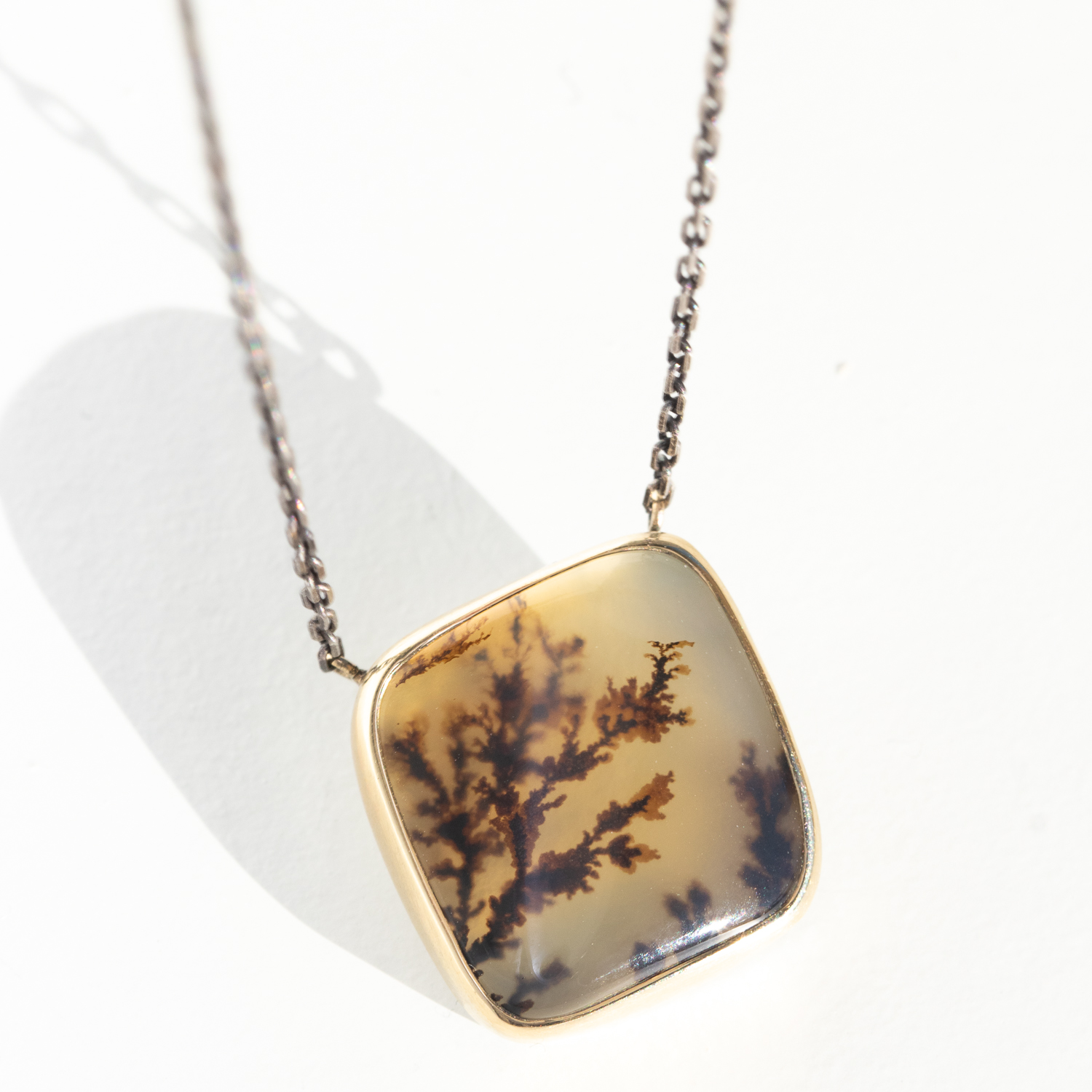 Jamie Joseph Trunk Show: Oxidized Sterling & 14K Gold Necklace w/ Rectangular DENDRITIC AGATE in Sterling Backed Gold Bezel (17.5")
