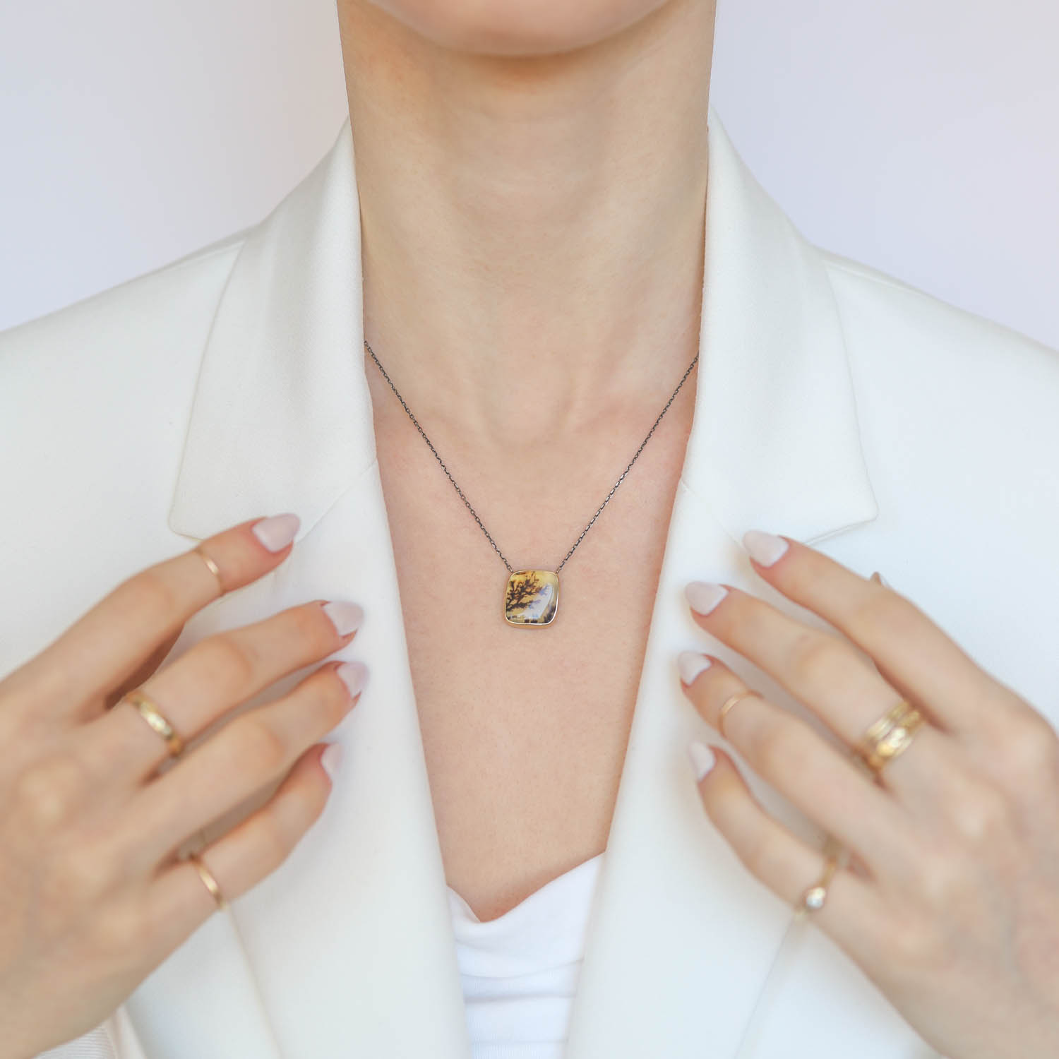 Jamie Joseph Trunk Show: Oxidized Sterling & 14K Gold Necklace w/ Rectangular DENDRITIC AGATE in Sterling Backed Gold Bezel (17.5")