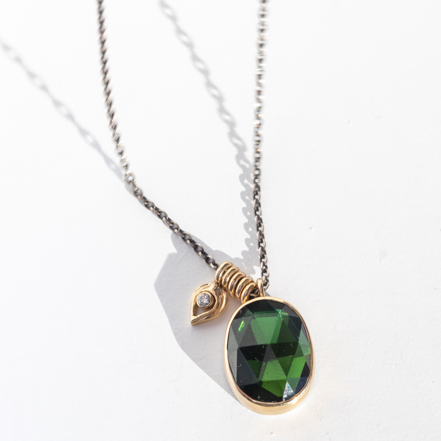 Jamie Joseph Trunk Show: Oxidized Sterling & 14K Gold Necklace w/ Oval Rose Cut GREEN TOURMALINE in Sterling Backed Gold Bezel w/ .025 ct Diamond Mini Leaf Accent & Sliding Rings (17.5")