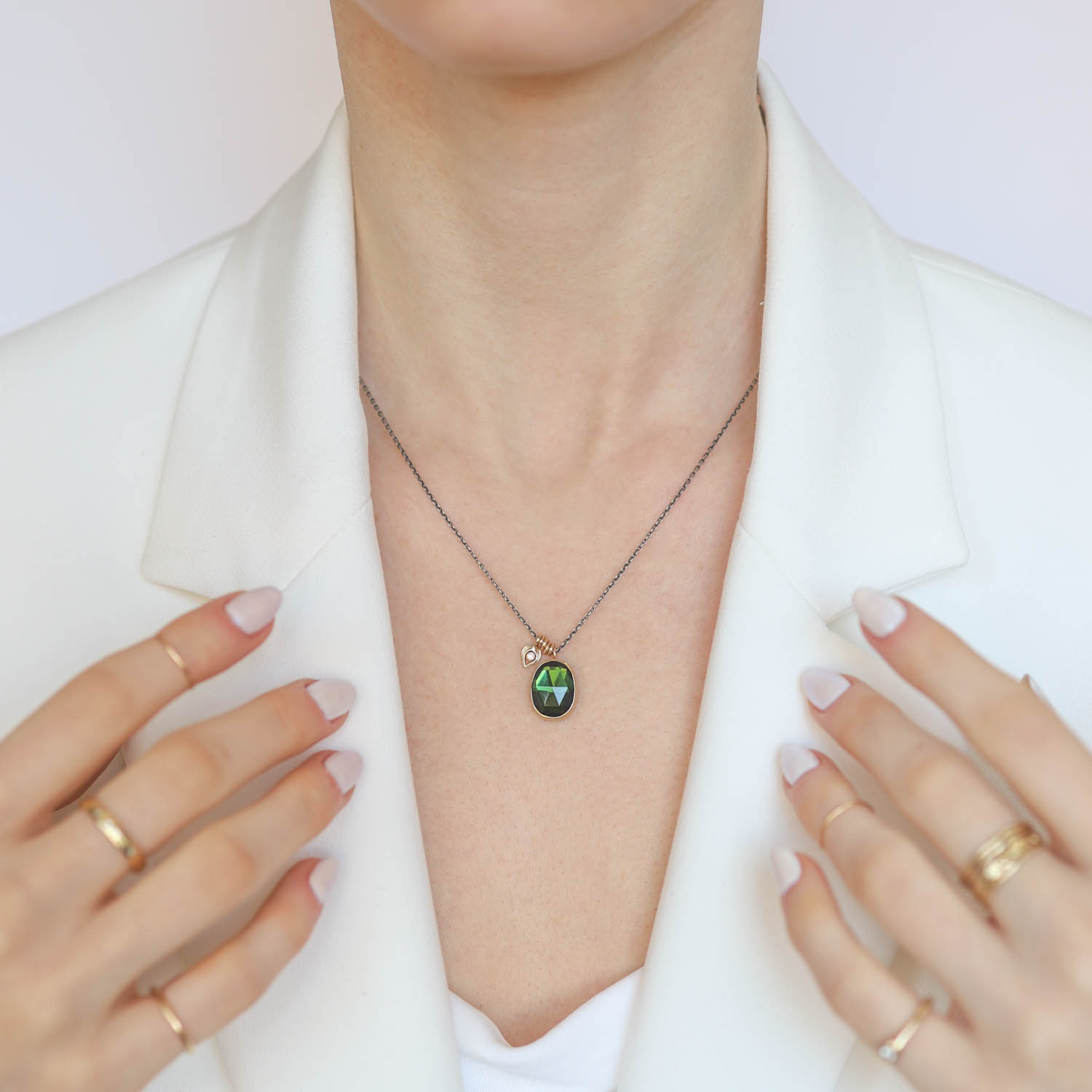 Jamie Joseph Trunk Show: Oxidized Sterling & 14K Gold Necklace w/ Oval Rose Cut GREEN TOURMALINE in Sterling Backed Gold Bezel w/ .025 ct Diamond Mini Leaf Accent & Sliding Rings (17.5")