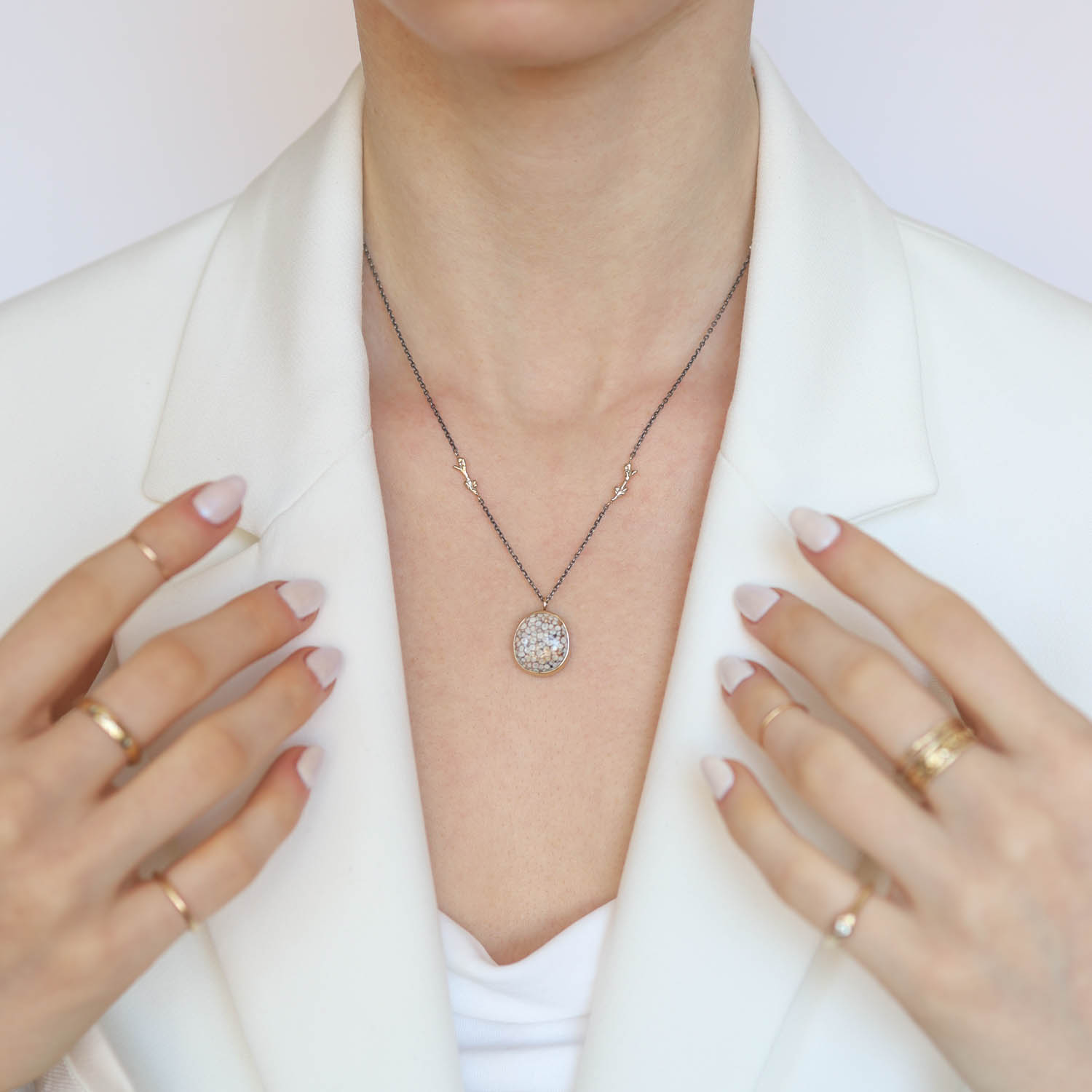 Jamie Joseph Trunk Show: Oxidized Sterling & 14K Gold Necklace w/ Oval SNAKESKIN AGATE in Sterling Backed Gold Bezel w/ Two Branch Accents (17.5"), Chain measures 16-17 1/2", Stone measures 3/4" x 1/2"