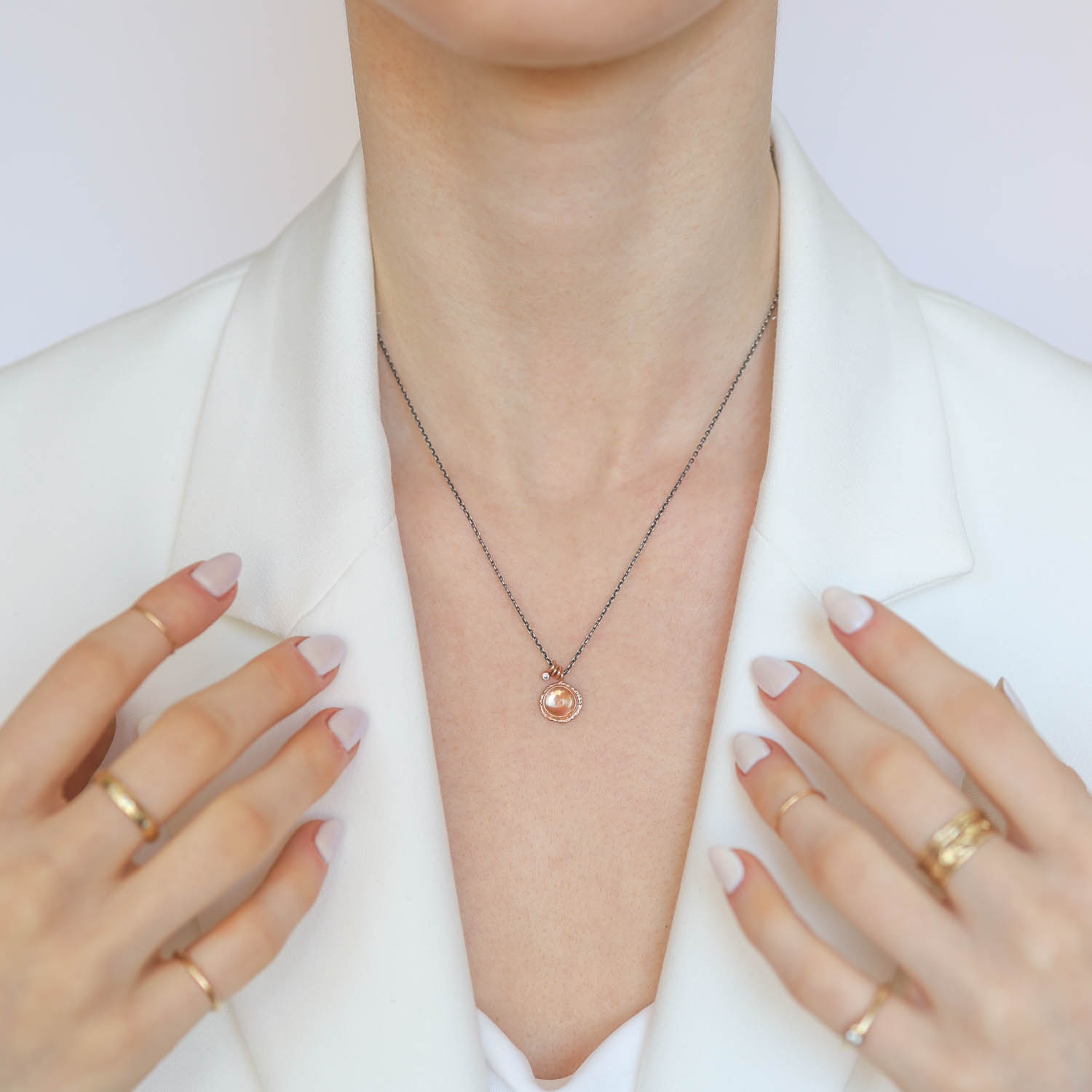 Jamie Joseph Trunk Show: Oxidized Sterling & 14K Rose Gold Necklace w/ Round Smooth OREGON SUNSTONE on Ruffled Platform w/ .025 ct Diamond Accent & Sliding Rings (17.5")